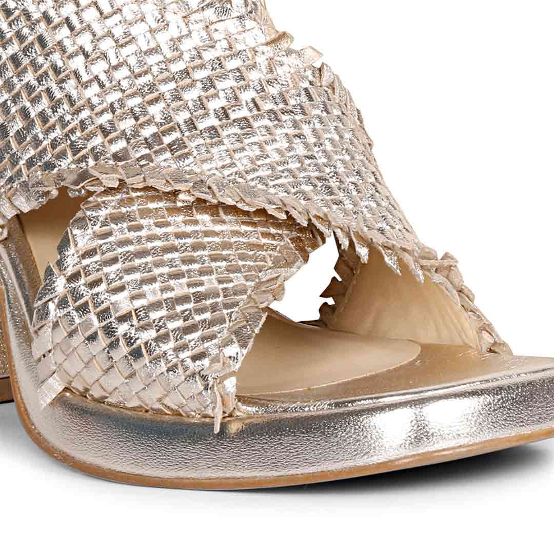 Saint Shelby Gold Metallic Crisscross Fringed Woven Leather Block Heels - Image 8