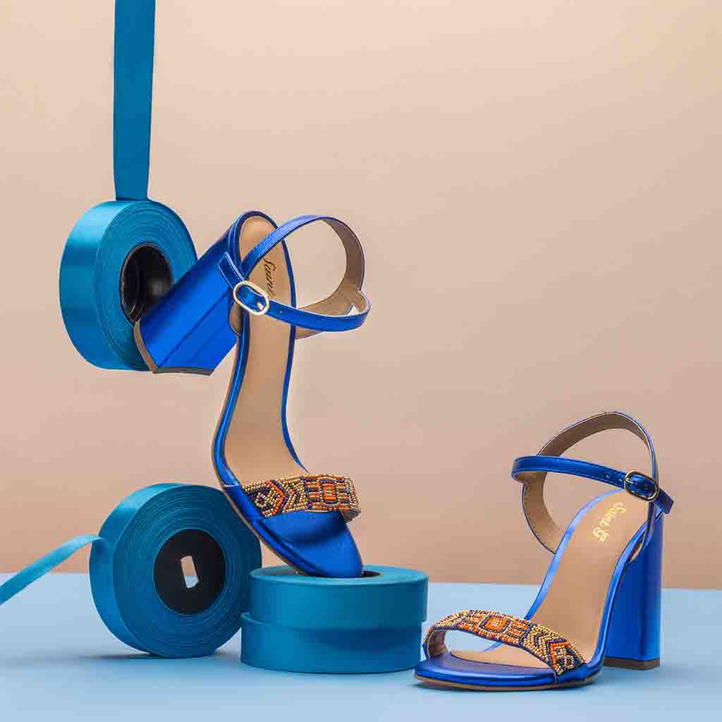 Saint Sierra Hand Embroidered Navy Metallic Leather Block Heels - Image 10