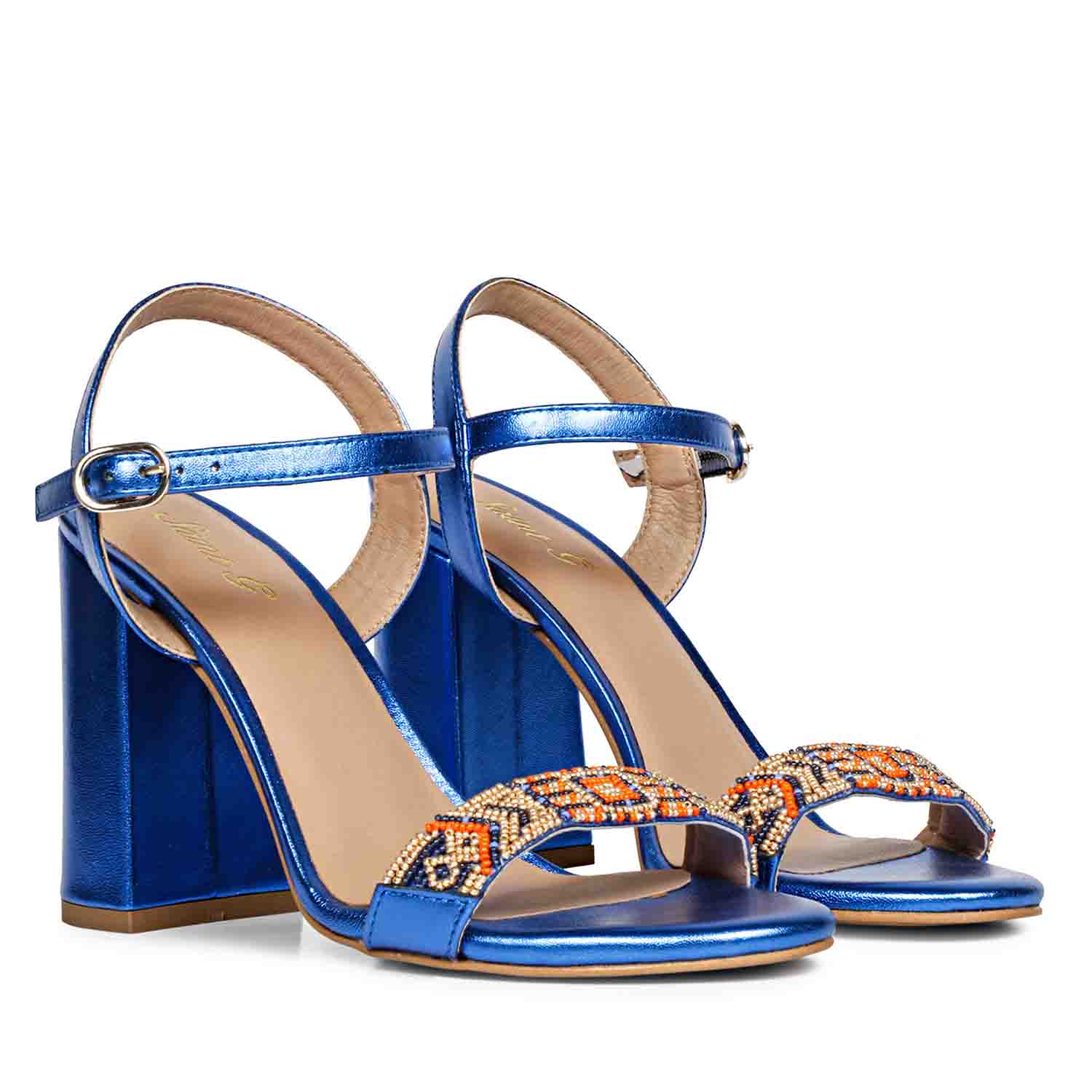 Saint Sierra Hand Embroidered Navy Metallic Leather Block Heels - Image 4