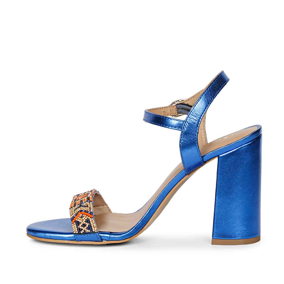 Saint Sierra Hand Embroidered Navy Metallic Leather Block Heels - Image 5