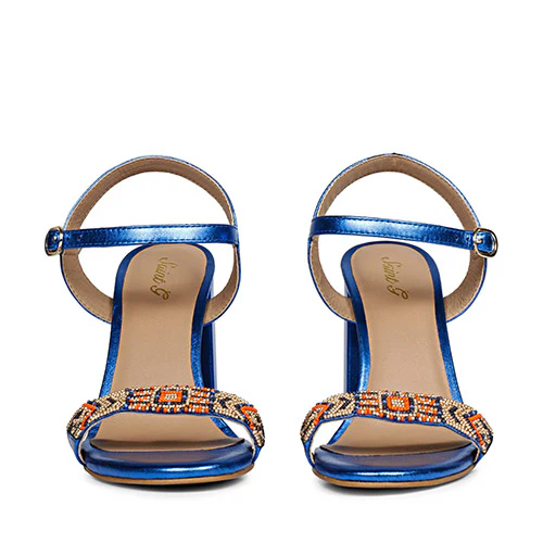Saint Sierra Hand Embroidered Navy Metallic Leather Block Heels - Image 6