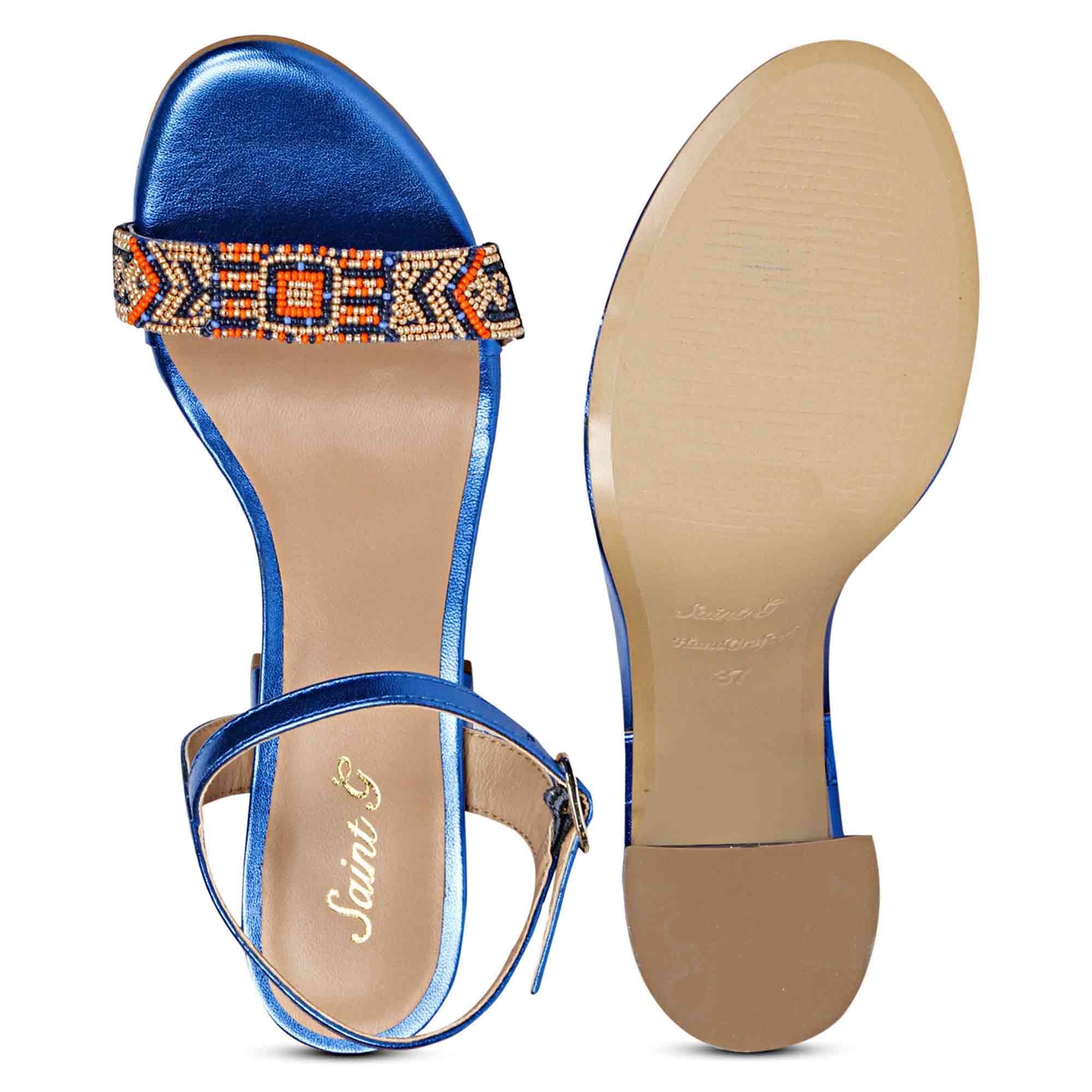 Saint Sierra Hand Embroidered Navy Metallic Leather Block Heels - Image 8