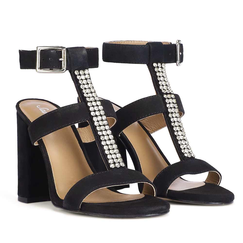 Saint Silvia Jewel Stone Decor Black Suede Leather Heels - Image 3