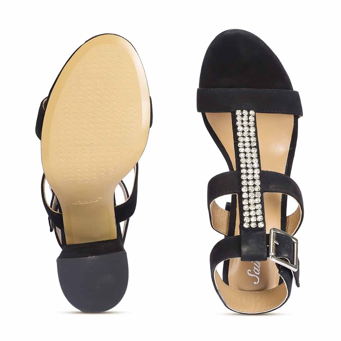 Saint Silvia Jewel Stone Decor Black Suede Leather Heels - Image 7