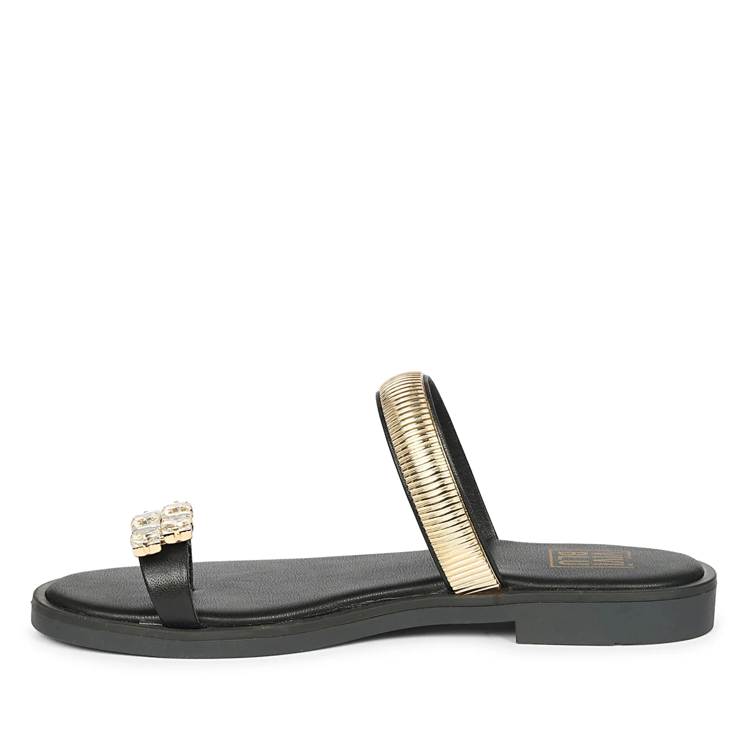 Stevie Black Leather Flat Sandals - Image 3