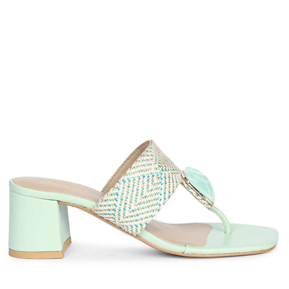 Stevie Stone Jeweled Turquoise Raffia Block Heels