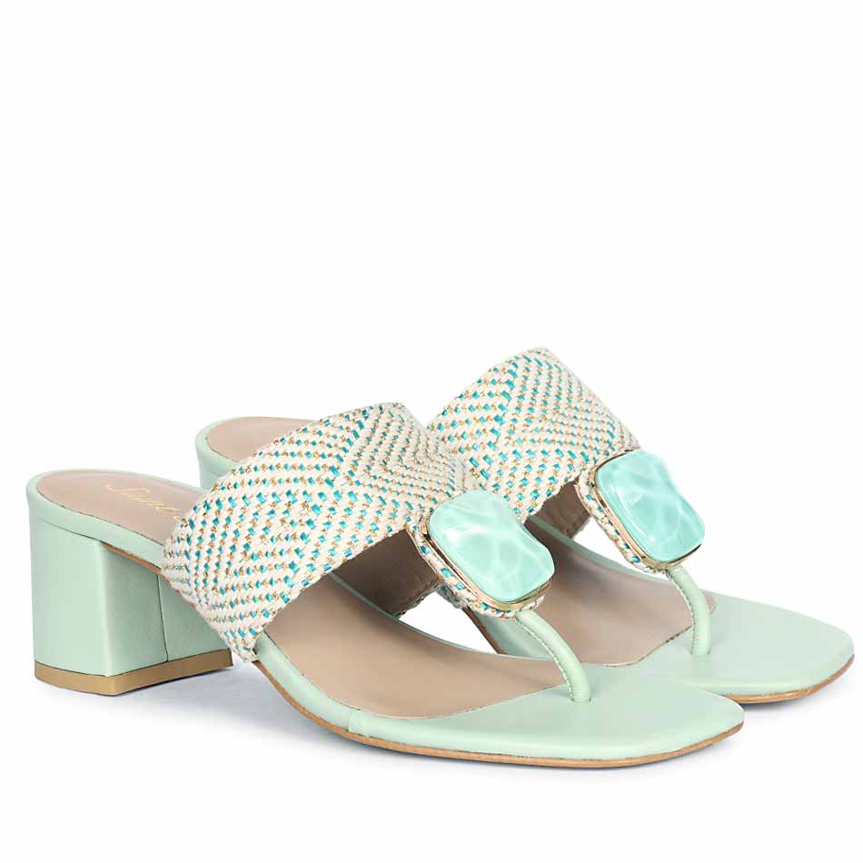 Stevie Stone Jeweled Turquoise Raffia Block Heels - Image 2