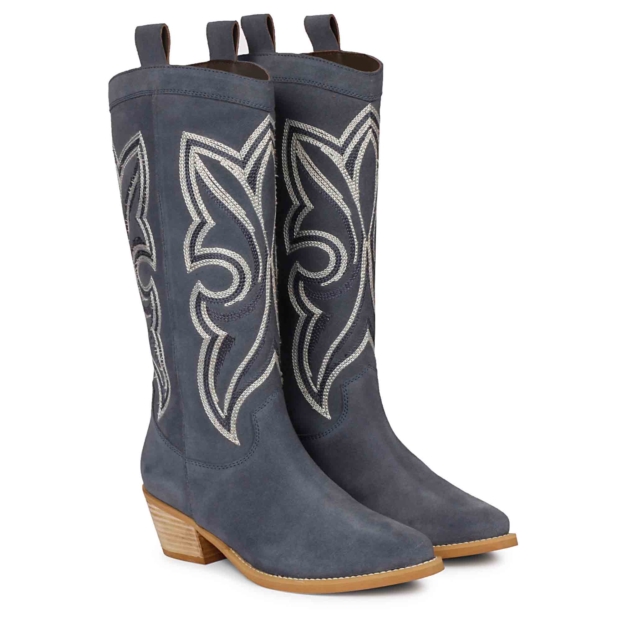 Saint Martina Denim Stitched Leather Cowboy Boots - Image 3