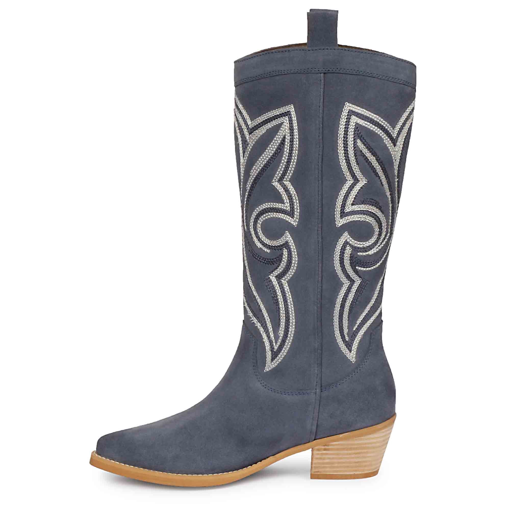 Saint Martina Denim Stitched Leather Cowboy Boots - Image 4