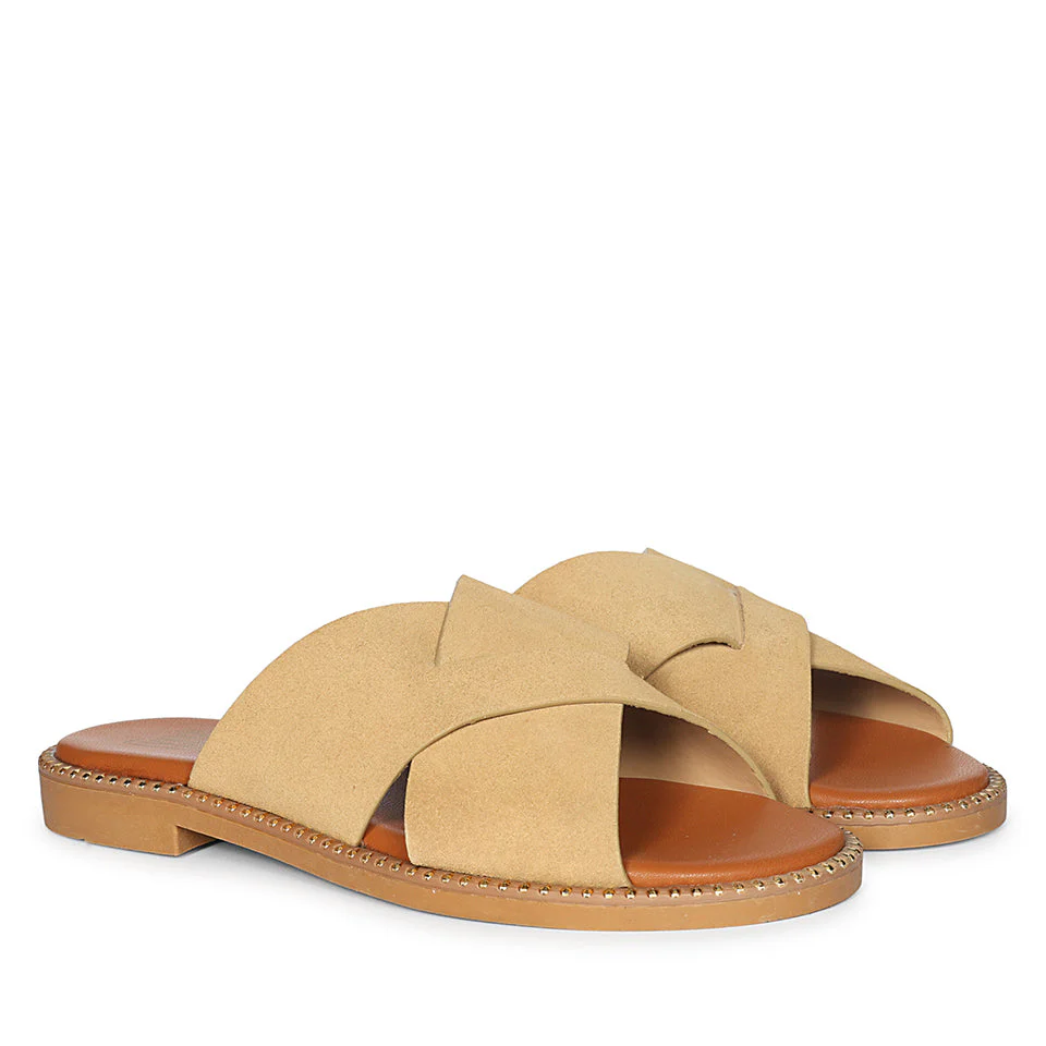 Enya Beige Leather Flat Sandals - Image 2