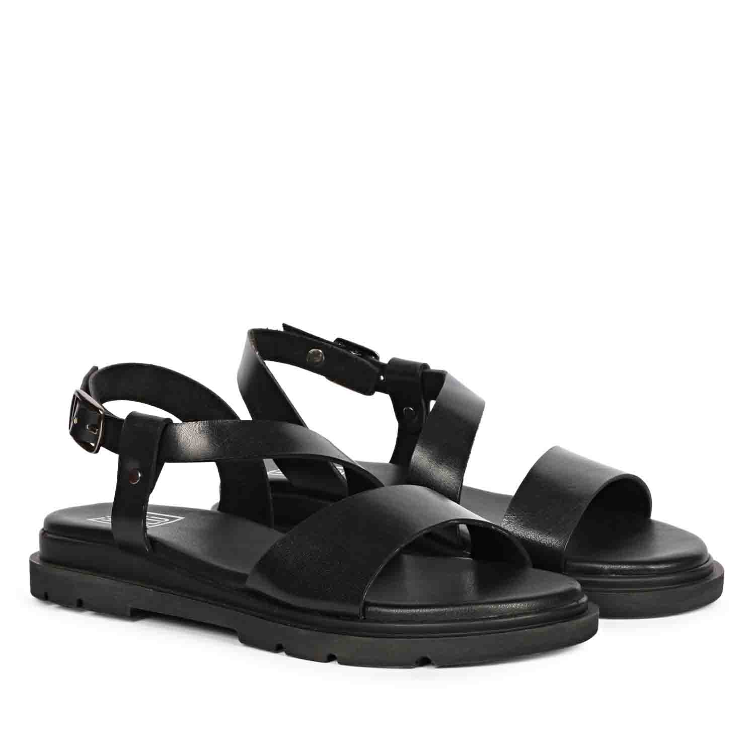 ViviBlu Black Leather Flat Sandals - Image 2
