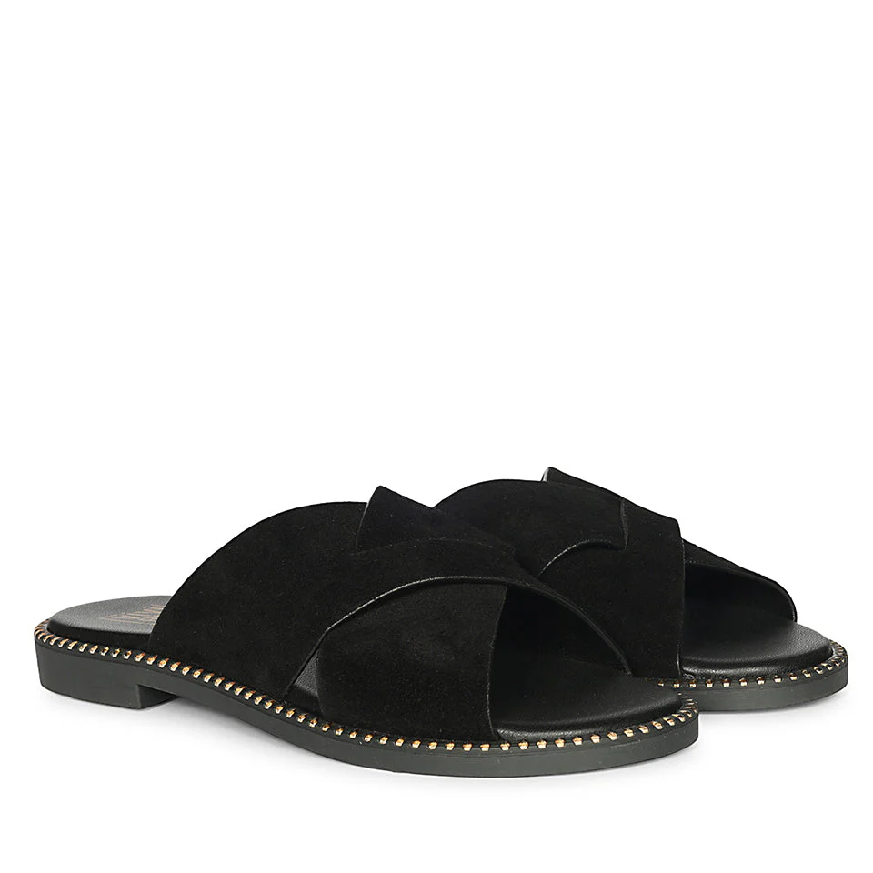 Enya Black Leather Flat Sandals - Image 2