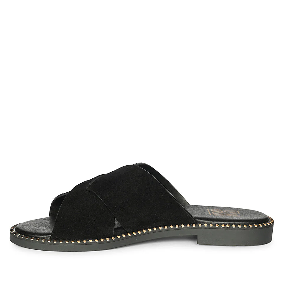 Enya Black Leather Flat Sandals - Image 3
