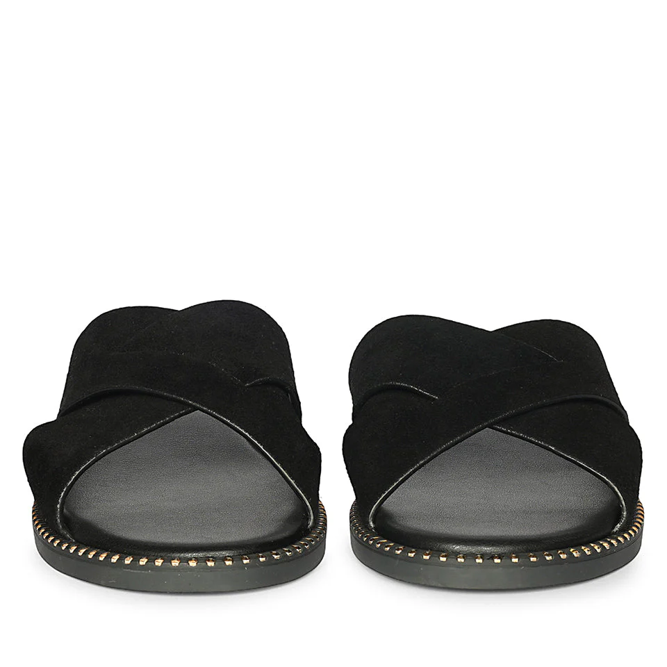 Enya Black Leather Flat Sandals - Image 4