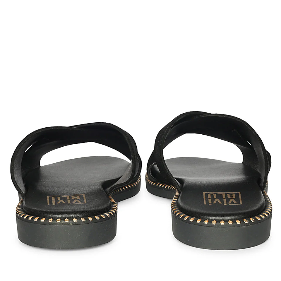 Enya Black Leather Flat Sandals - Image 5