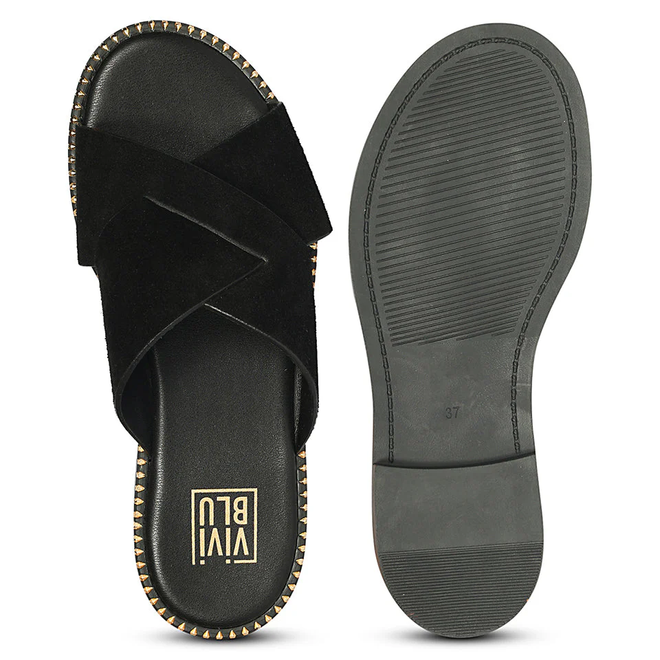 Enya Black Leather Flat Sandals - Image 6