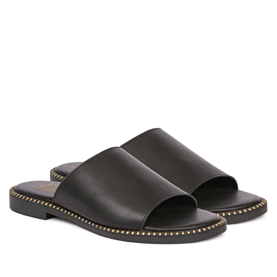 Aria Black Leather Flat Sandals - Image 2