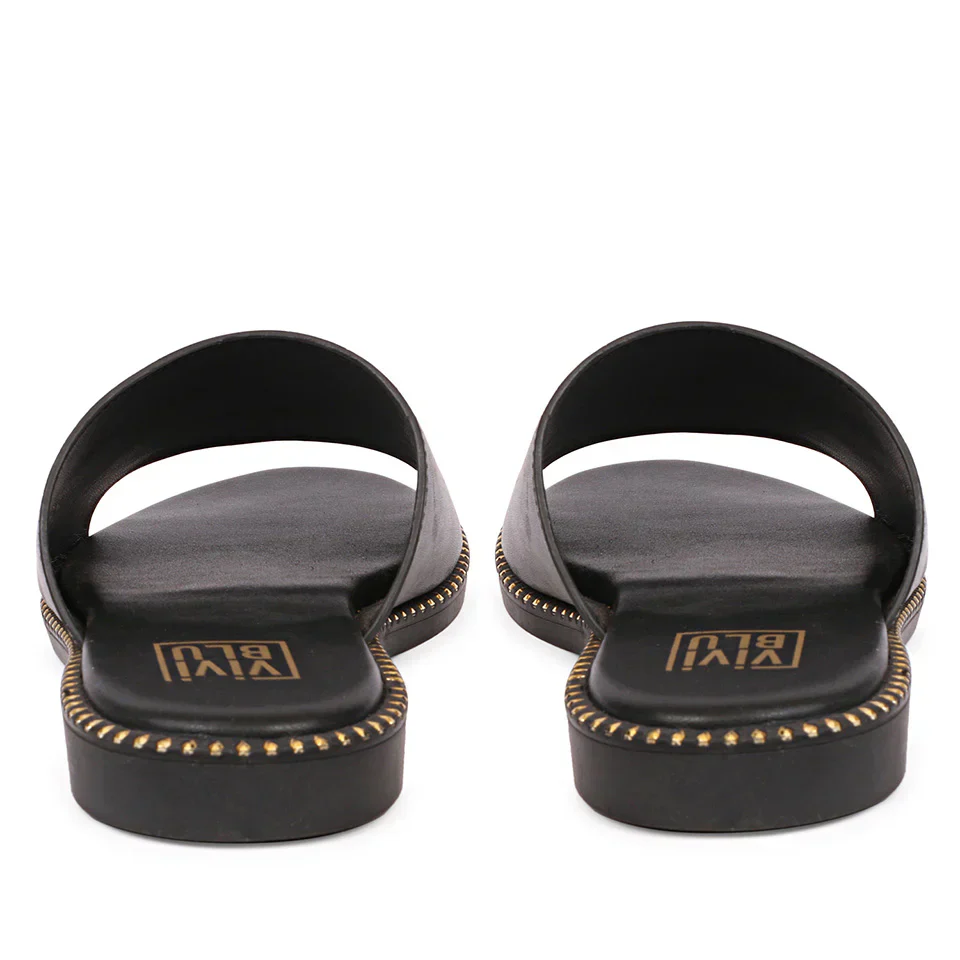 Aria Black Leather Flat Sandals - Image 5