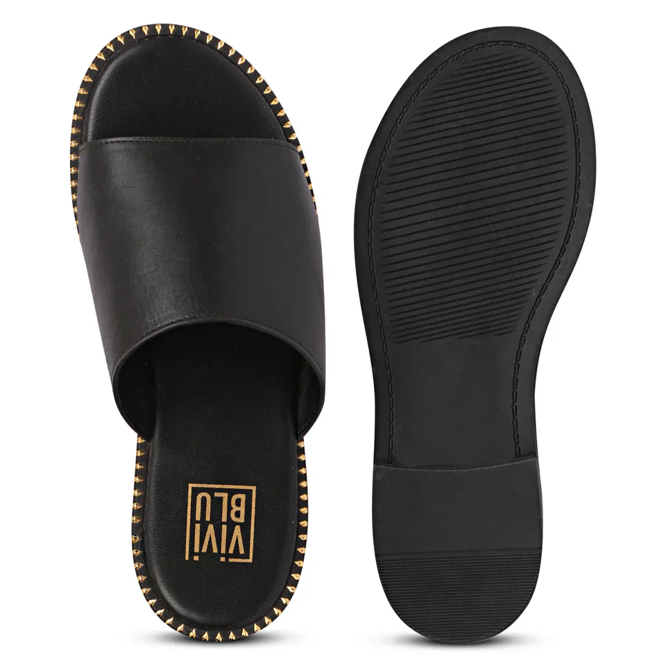 Aria Black Leather Flat Sandals - Image 6