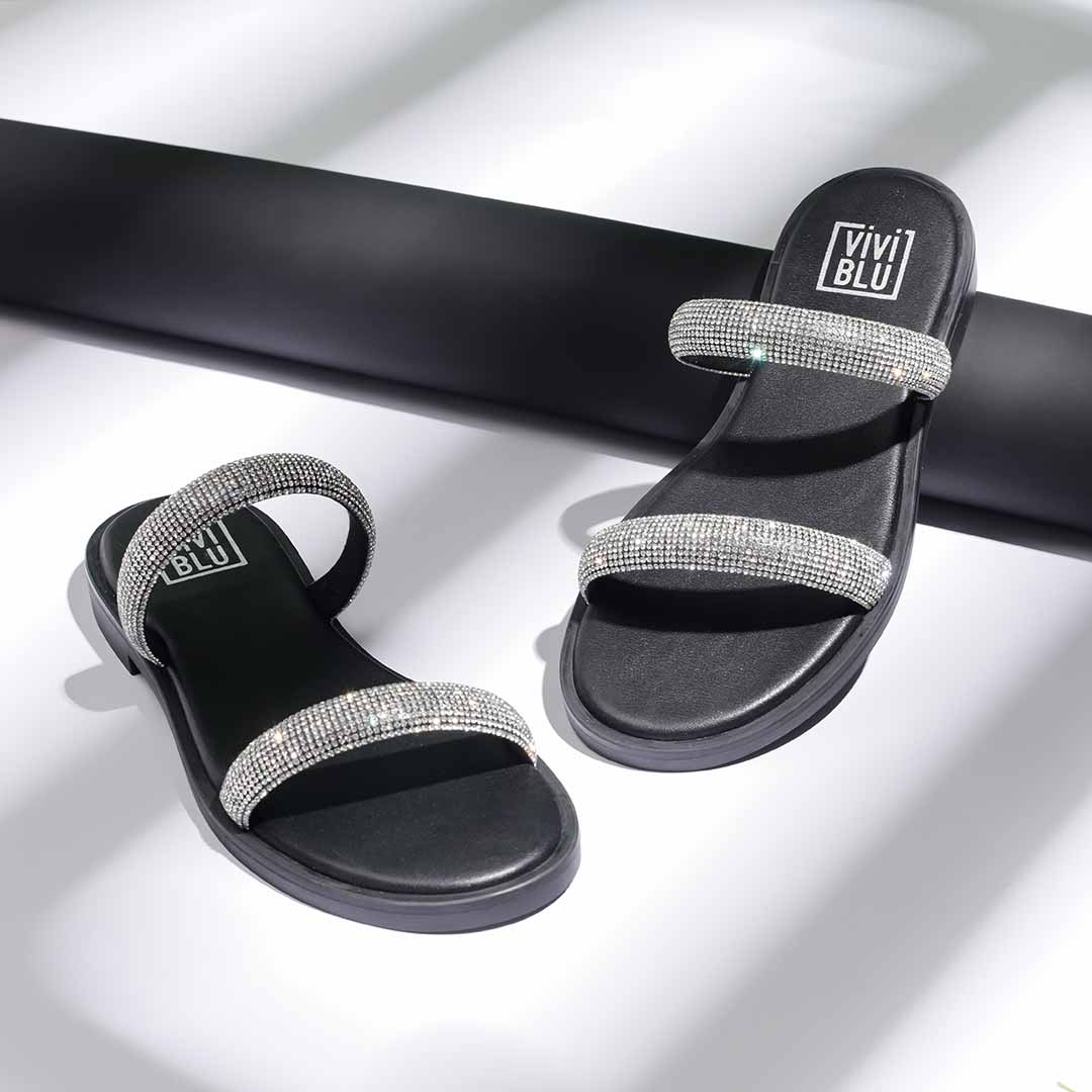 ViviBlu Black Leather Flat Sandals Embellished With Silver Straps - Image 2