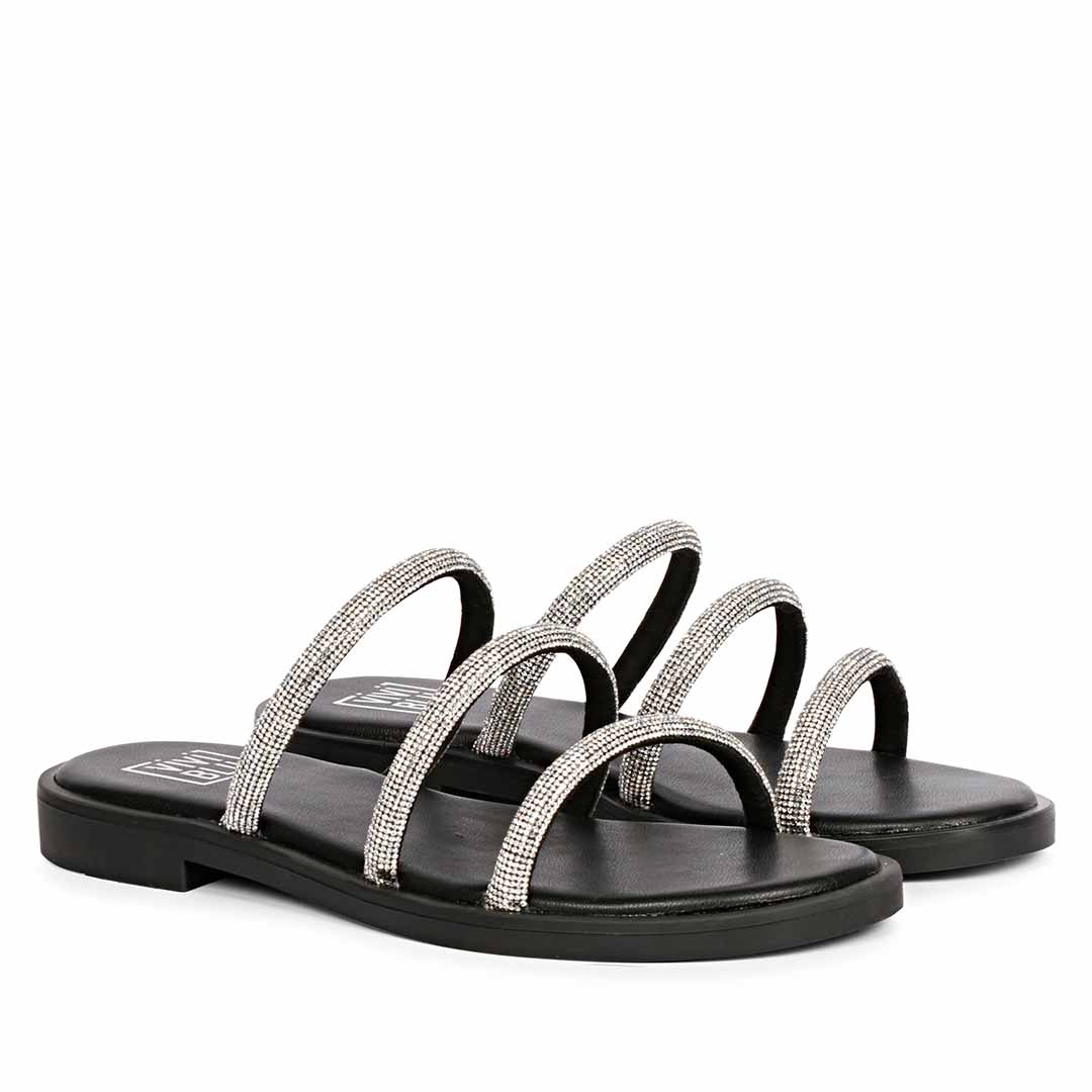 ViviBlu Black Leather Flat Sandals Embellished With White Straps - Image 2