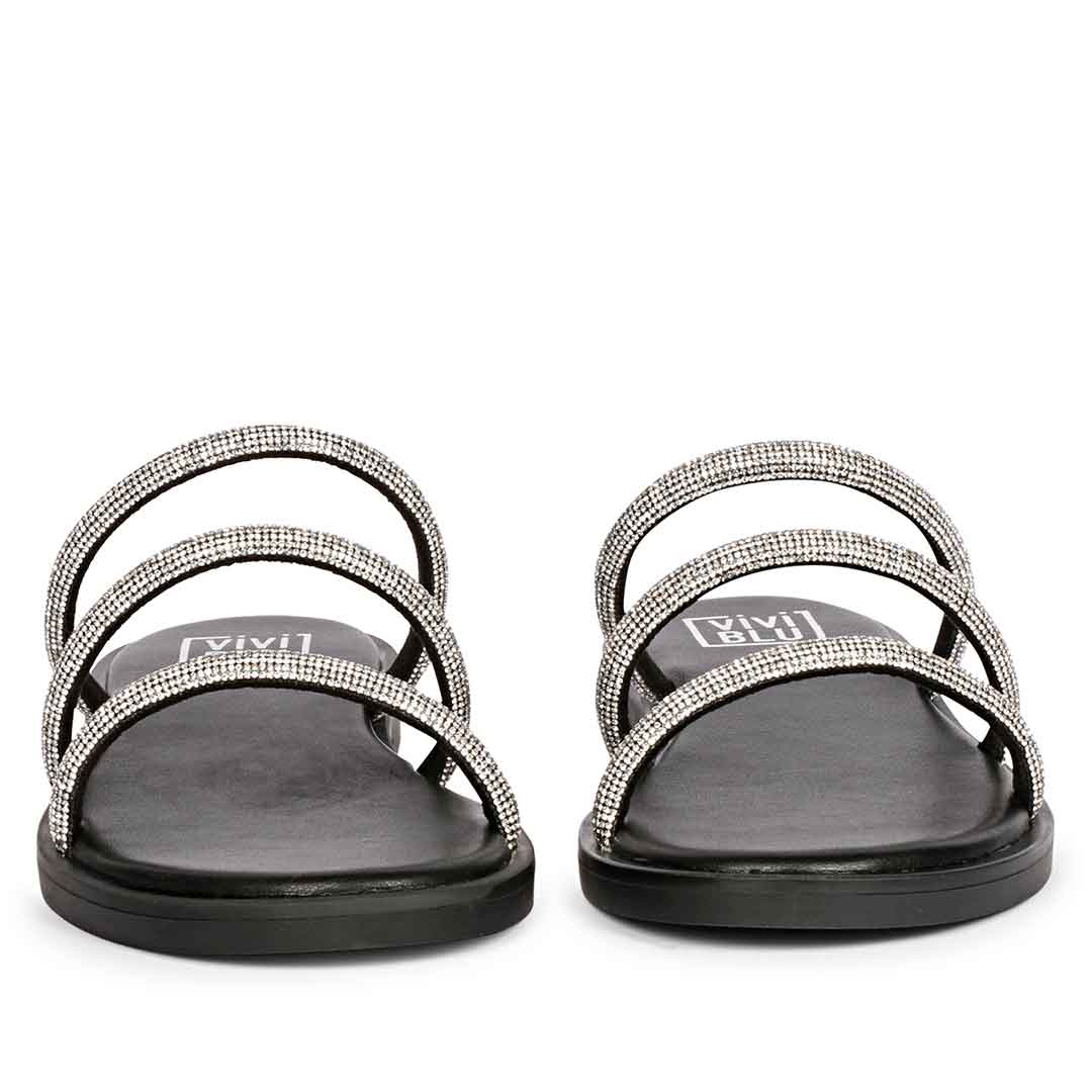 ViviBlu Black Leather Flat Sandals Embellished With White Straps - Image 4