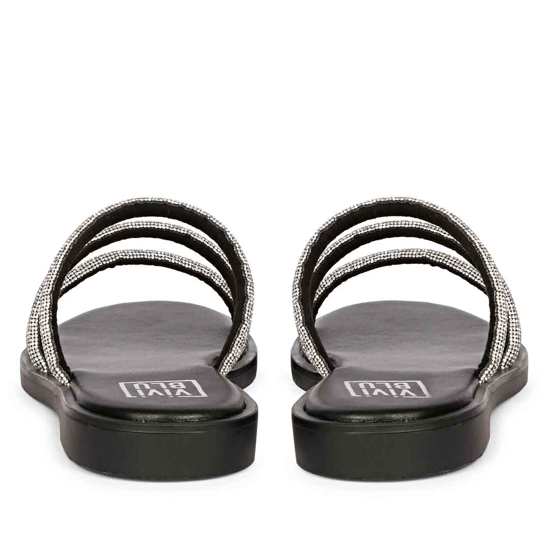 ViviBlu Black Leather Flat Sandals Embellished With White Straps - Image 5