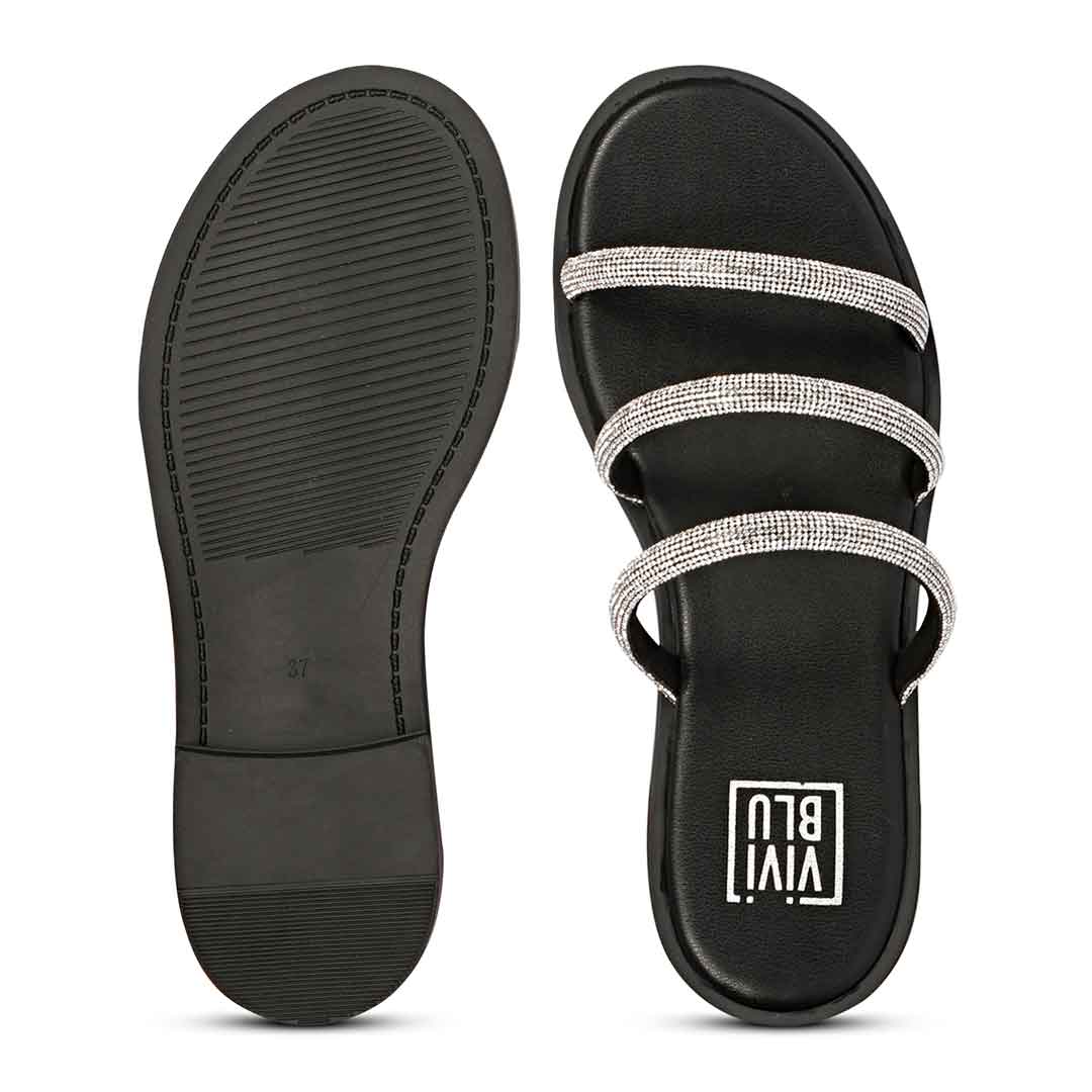 ViviBlu Black Leather Flat Sandals Embellished With White Straps - Image 6