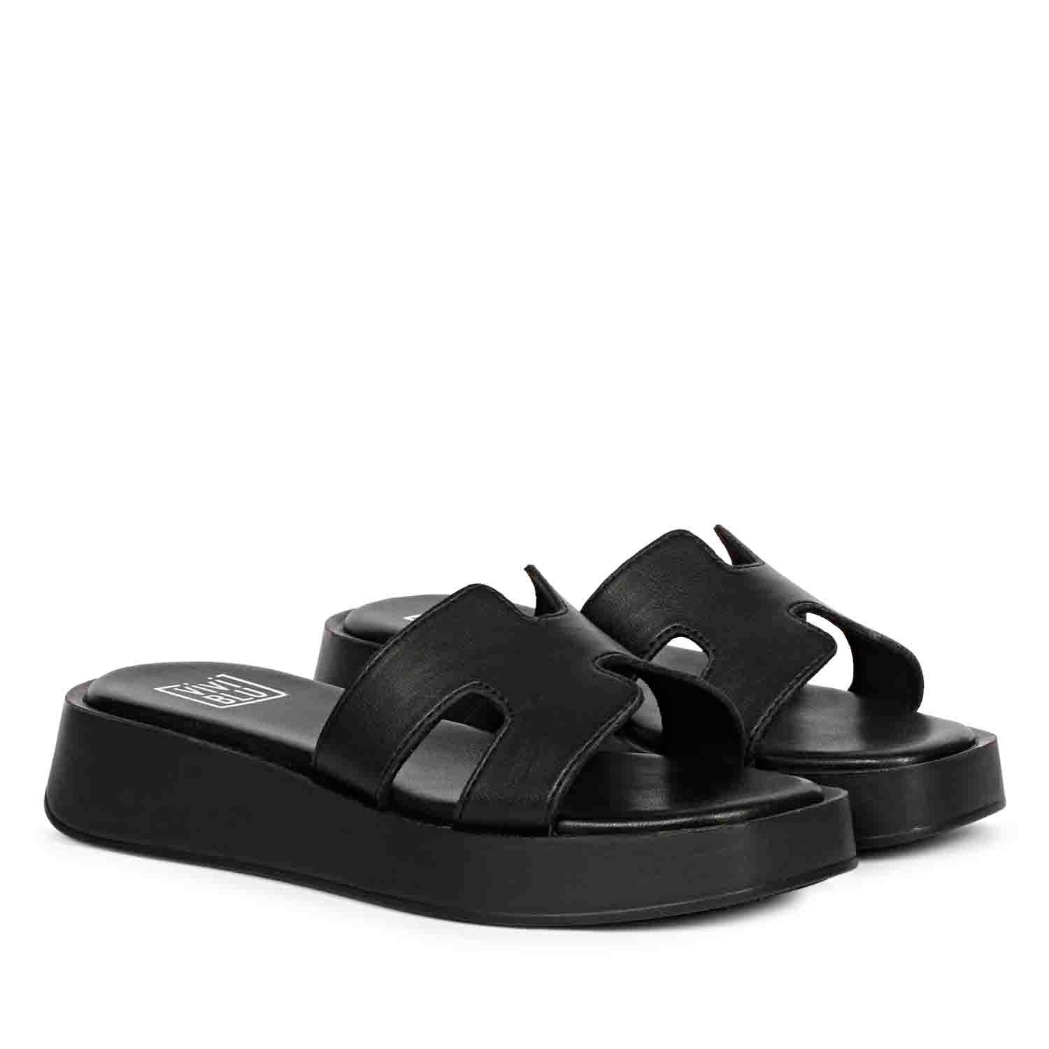 ViviBlu Black Leather Platform Sandals - Image 2