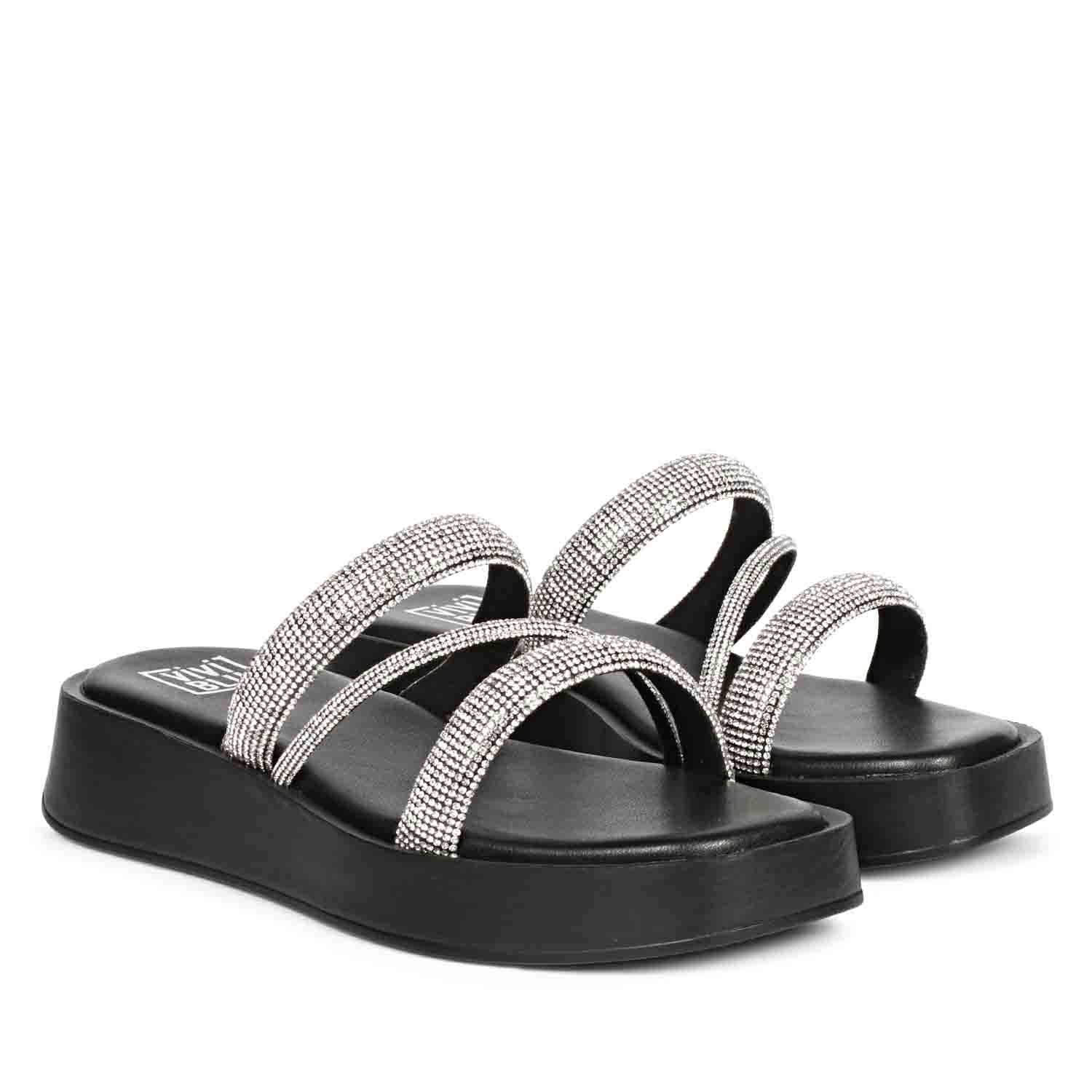 ViviBlu Black Leather Platform Sandals Embellished With Silver Straps - Image 2