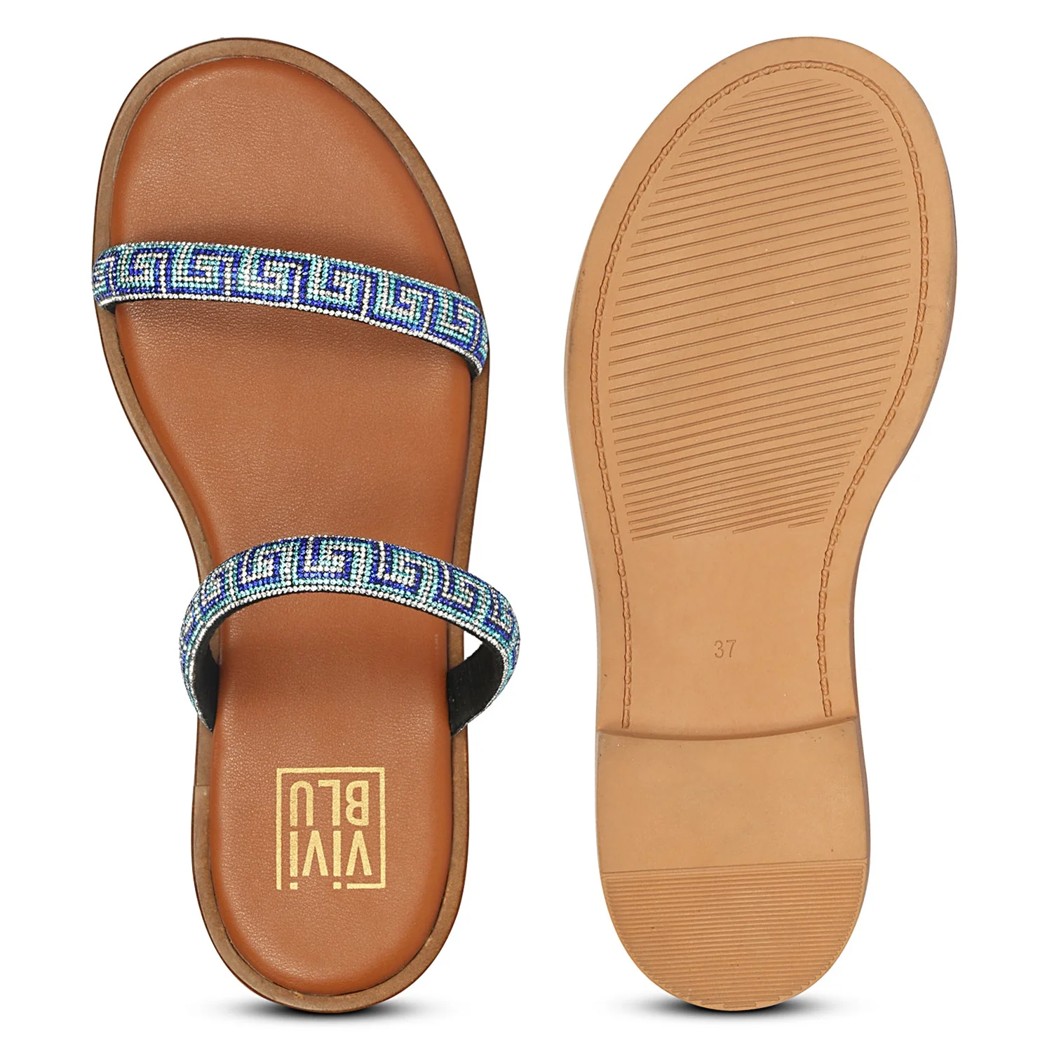 Evelina Blue Flat Sandals - Image 5