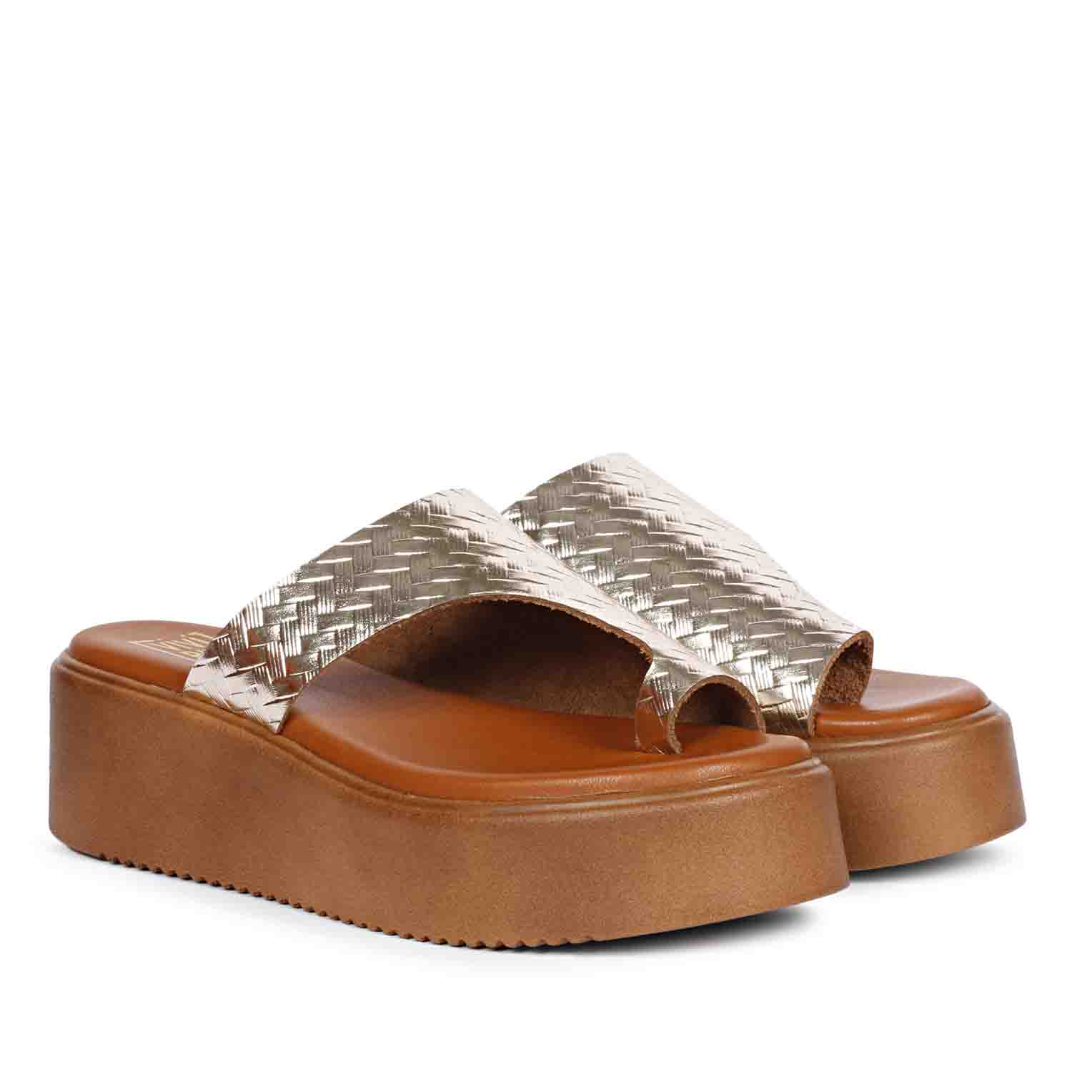 ViviBlu Gold Leather Platform Sandals - Image 2
