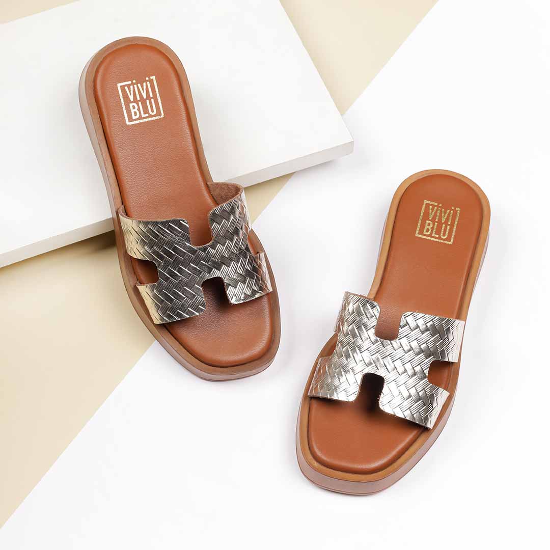 ViviBlu Gold Leather Platform Sandals - Image 2