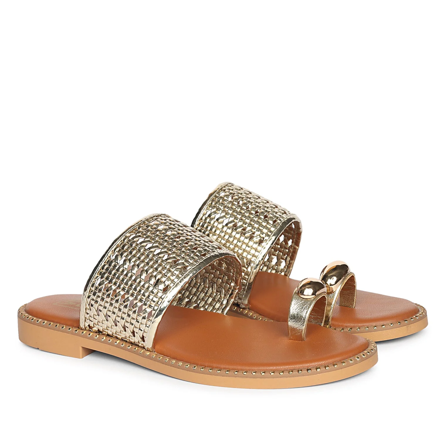 Aureline Gold Woven Leather Flat Sandals - Image 2