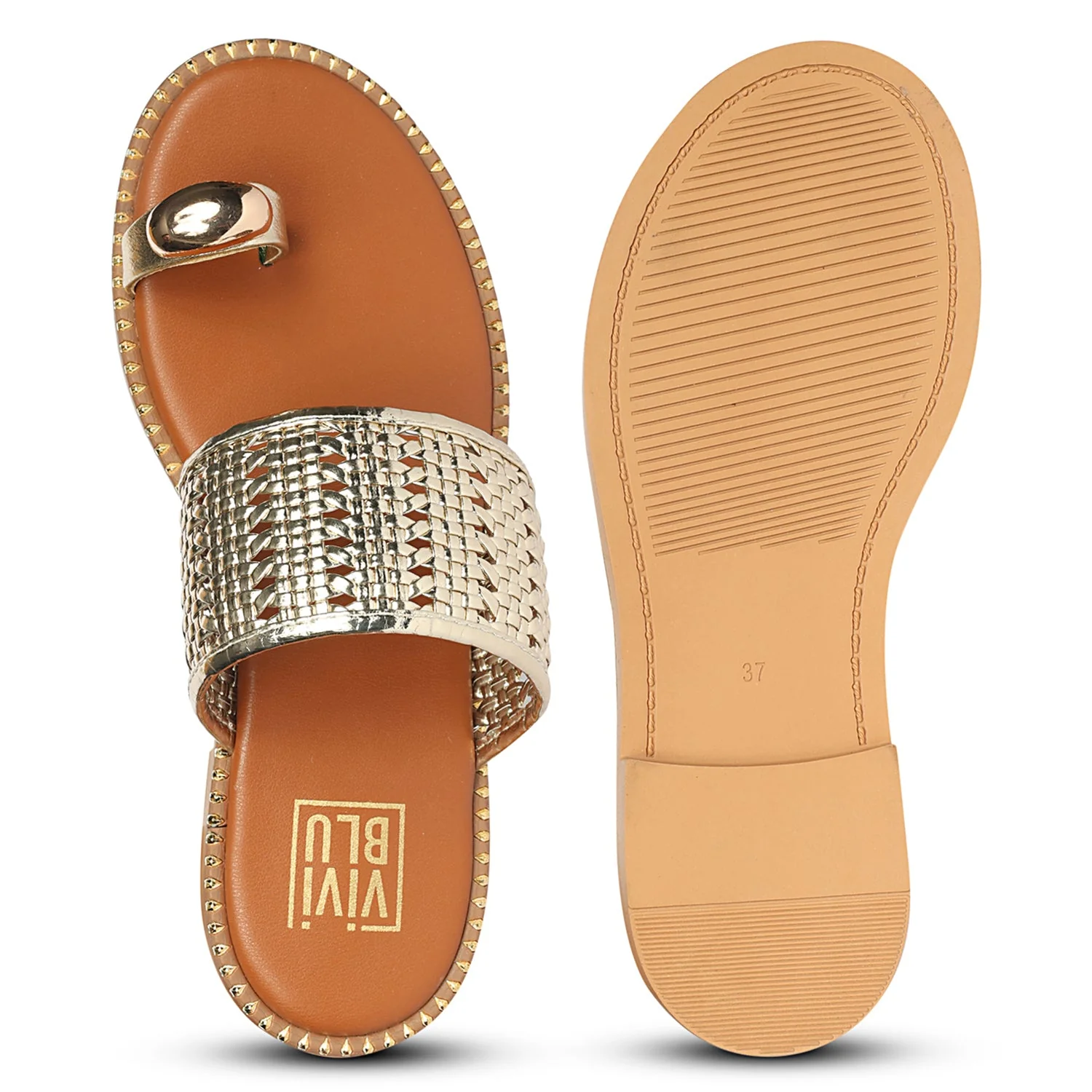 Aureline Gold Woven Leather Flat Sandals - Image 6