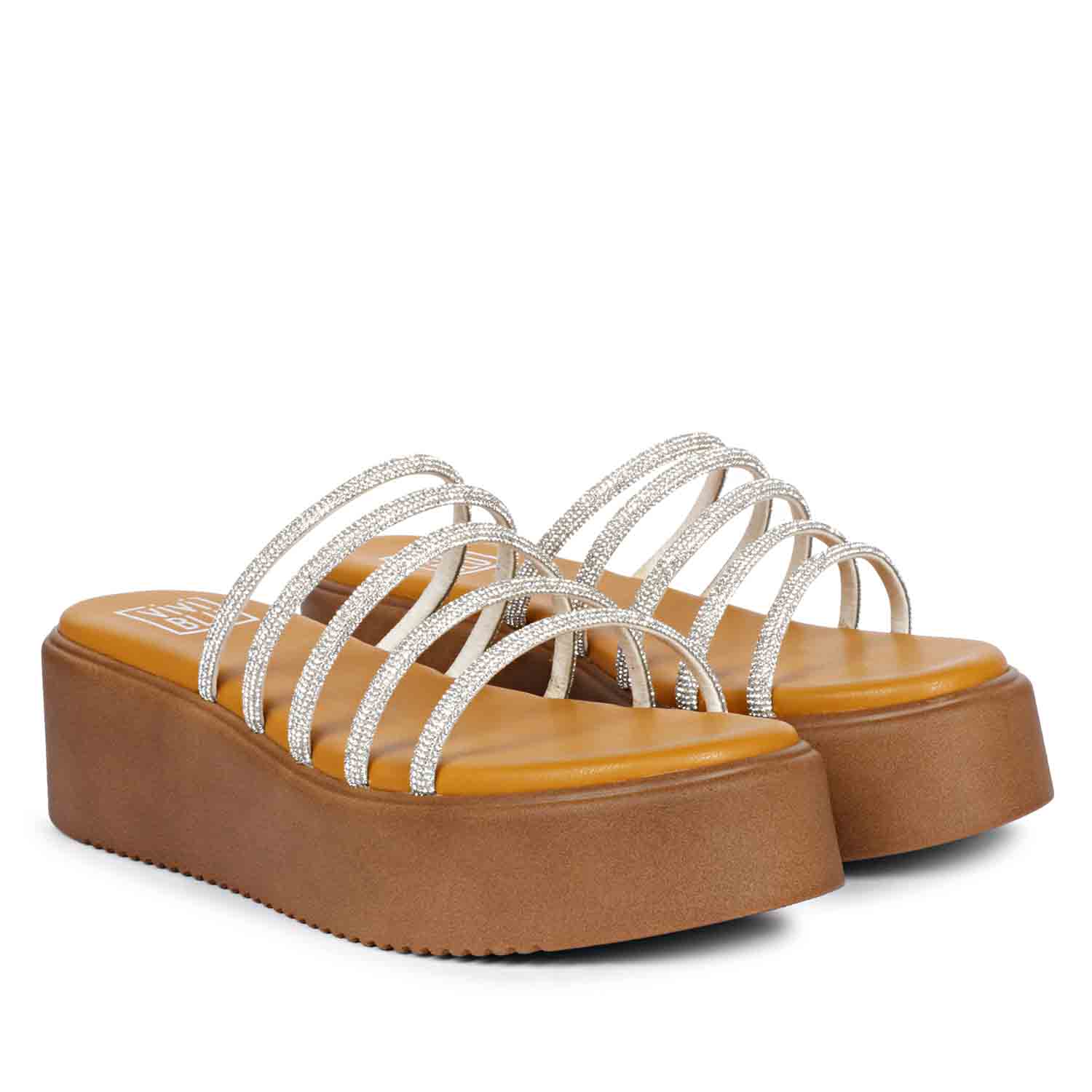ViviBlu Musturd Leather Platform Sandals Embellished With White Straps - Image 2