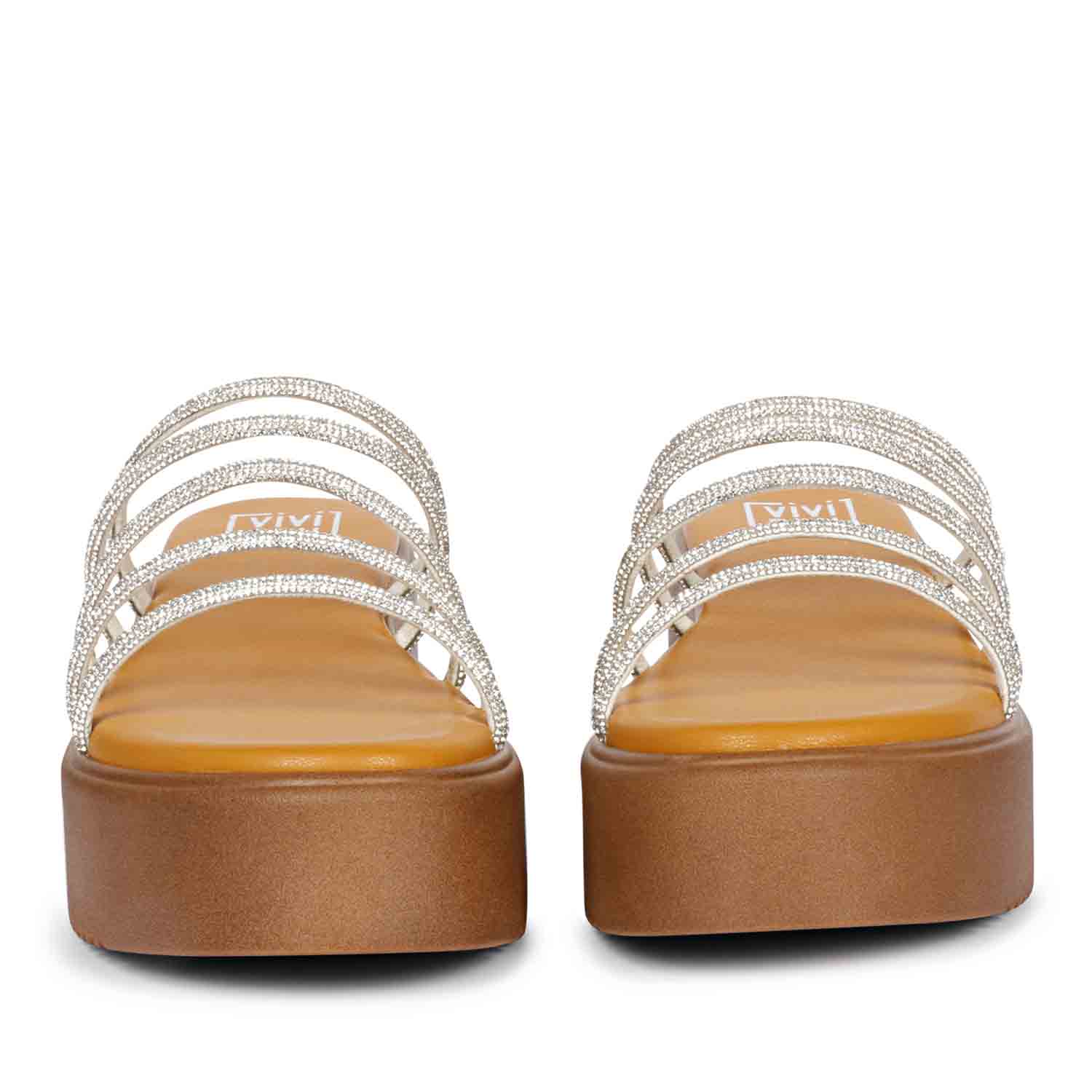 ViviBlu Musturd Leather Platform Sandals Embellished With White Straps - Image 3