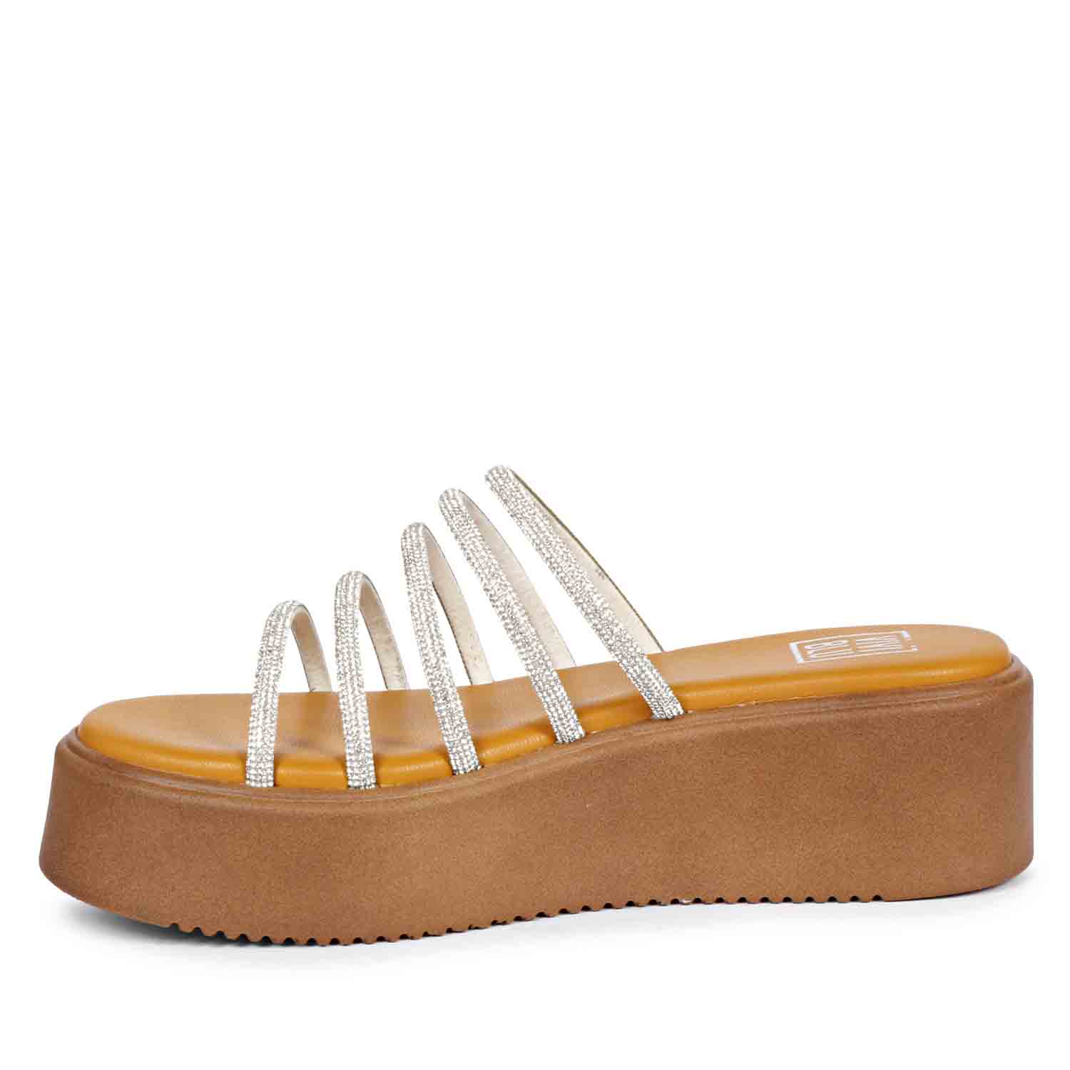 ViviBlu Musturd Leather Platform Sandals Embellished With White Straps - Image 4