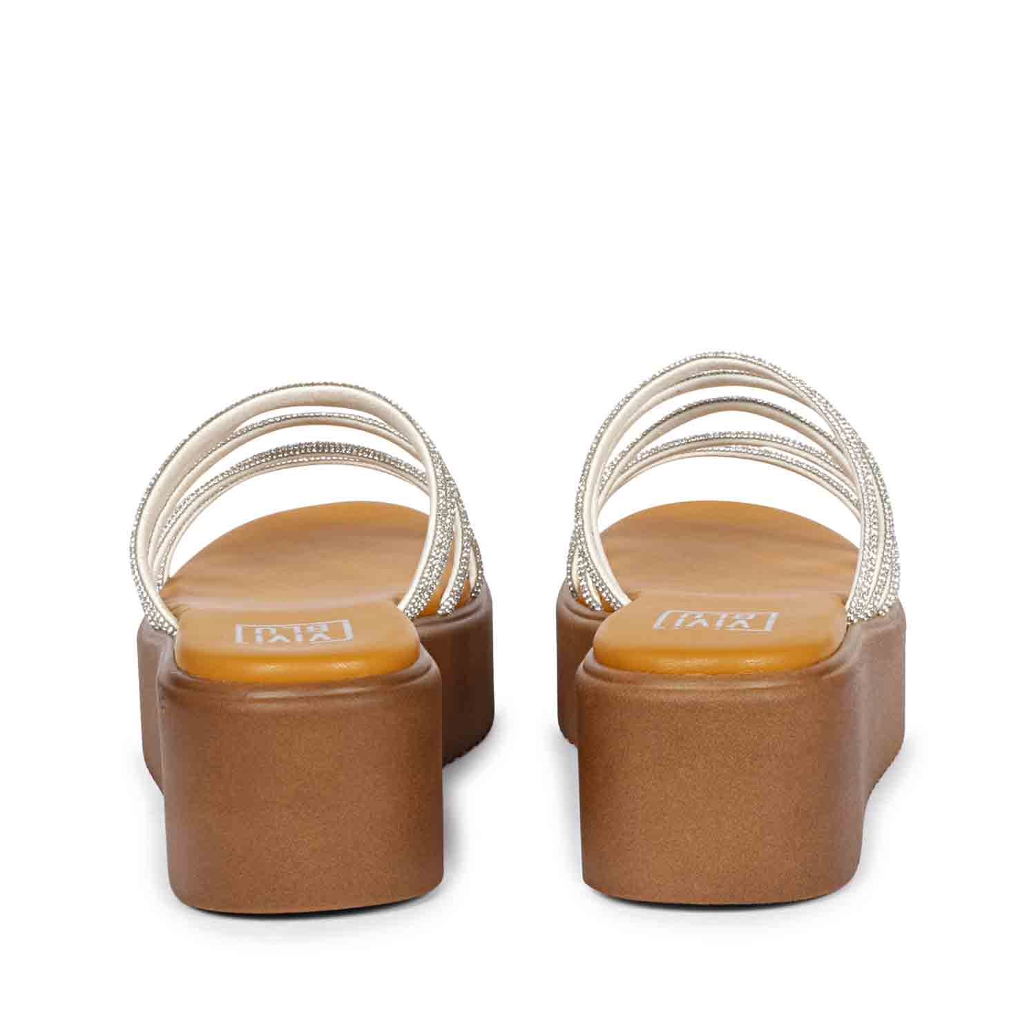 ViviBlu Musturd Leather Platform Sandals Embellished With White Straps - Image 5