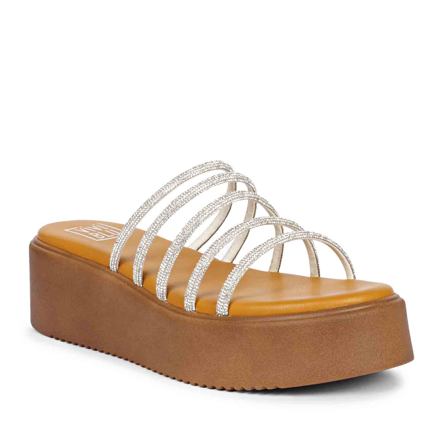 ViviBlu Musturd Leather Platform Sandals Embellished With White Straps - Image 7