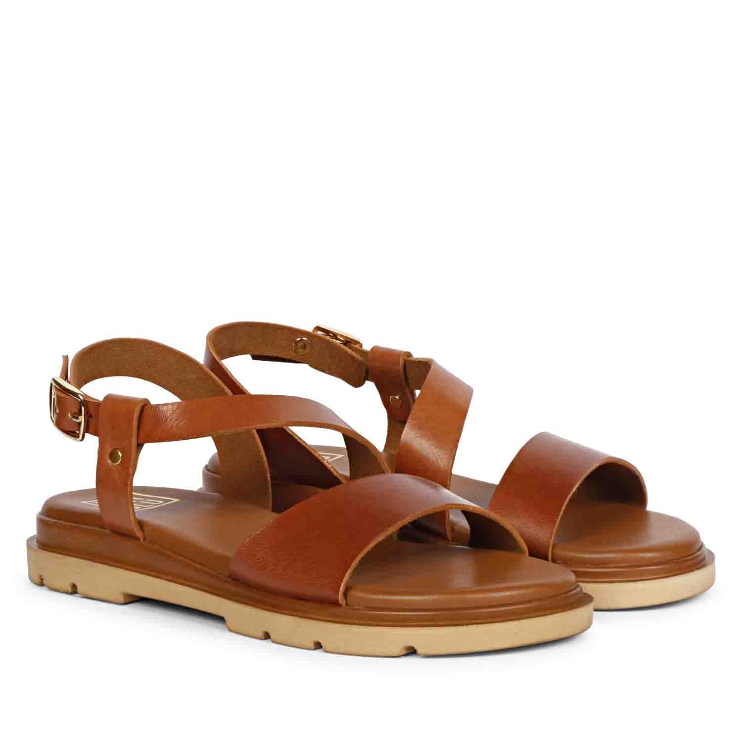 ViviBlu Tan Leather Flat Sandals - Image 2