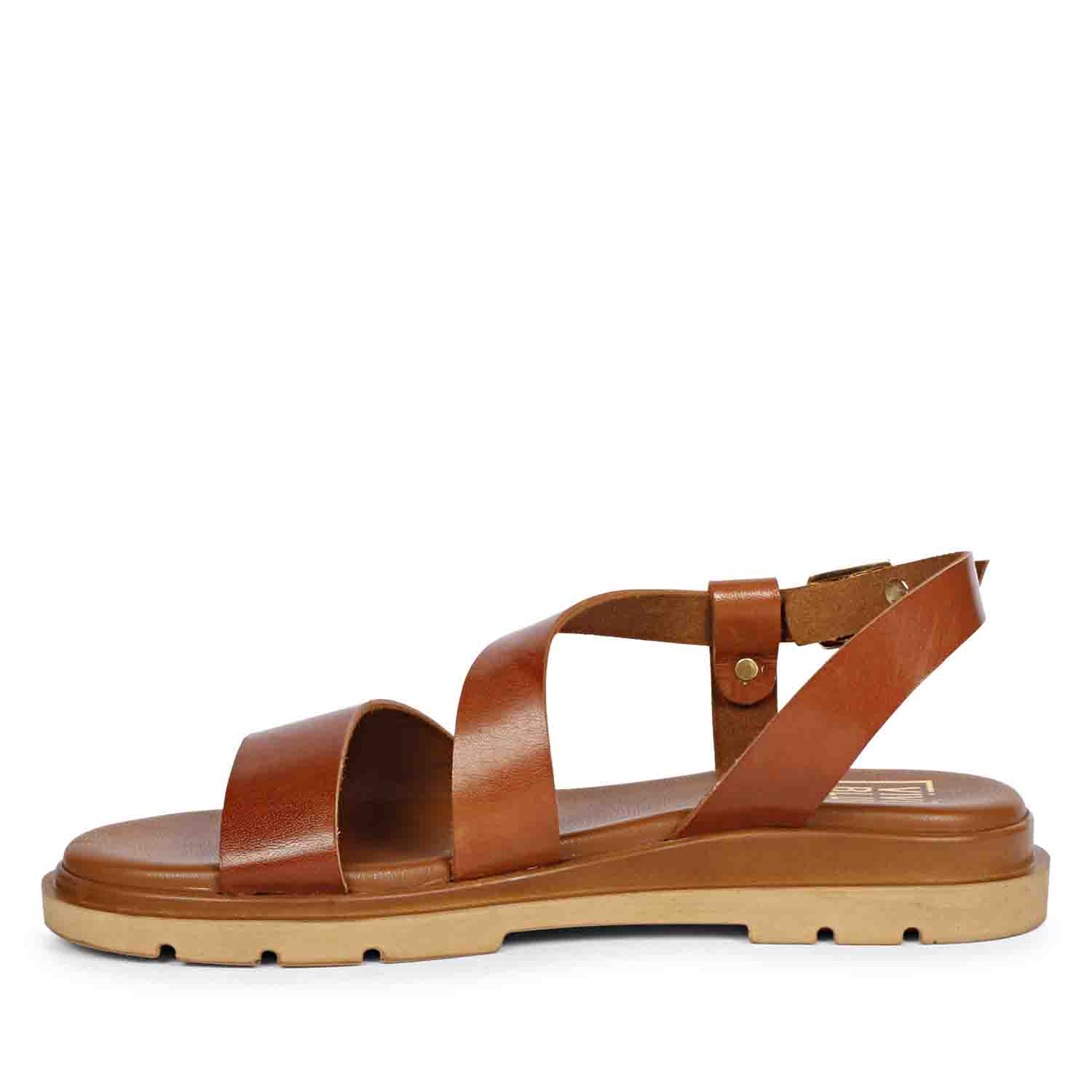 ViviBlu Tan Leather Flat Sandals - Image 4