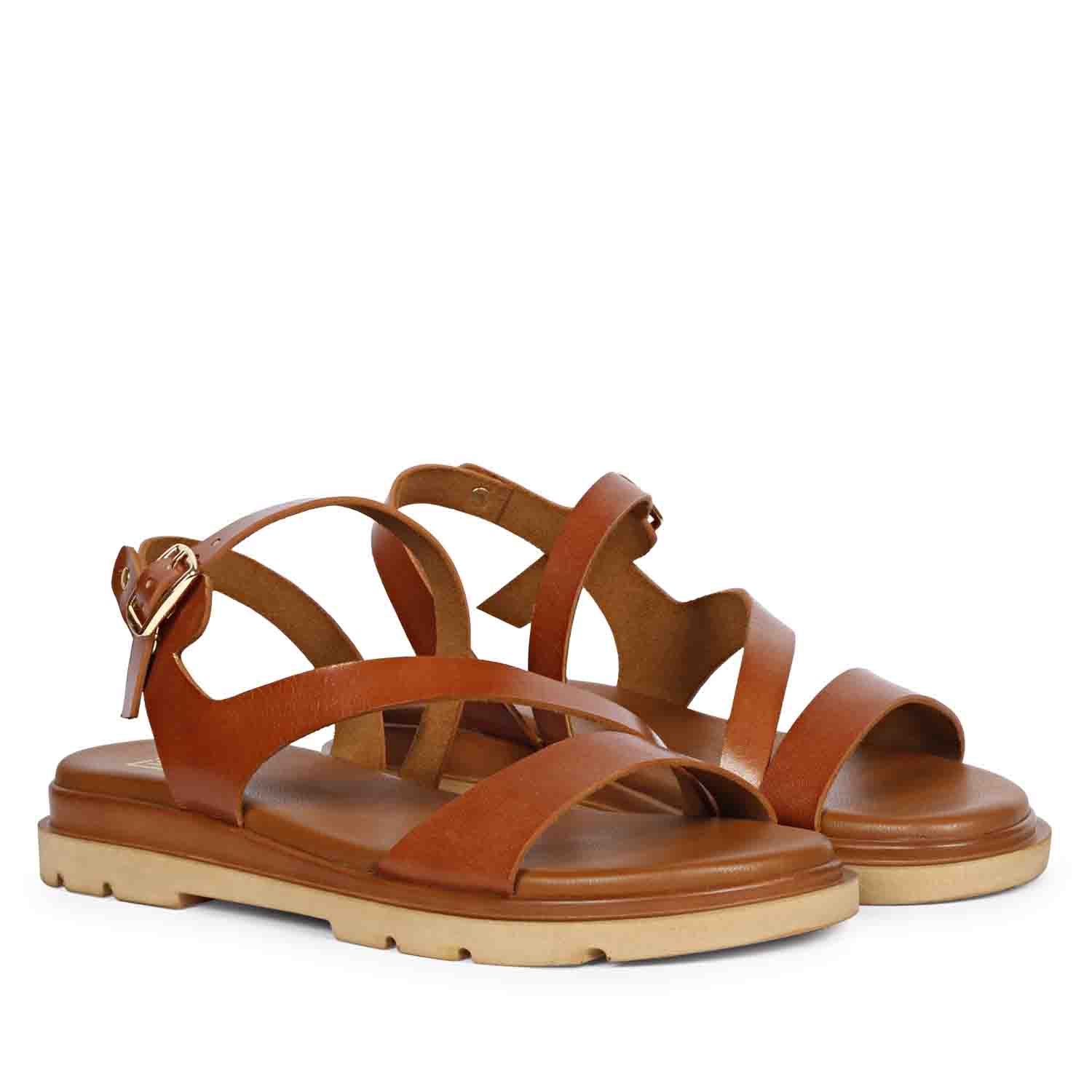 ViviBlu Tan Leather Flat Sandals - Image 2