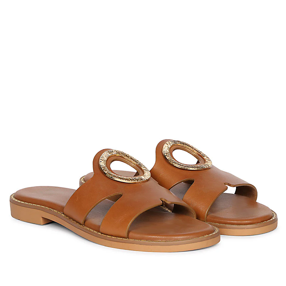 Enrisa Tan Leather Flat Sandals - Image 2