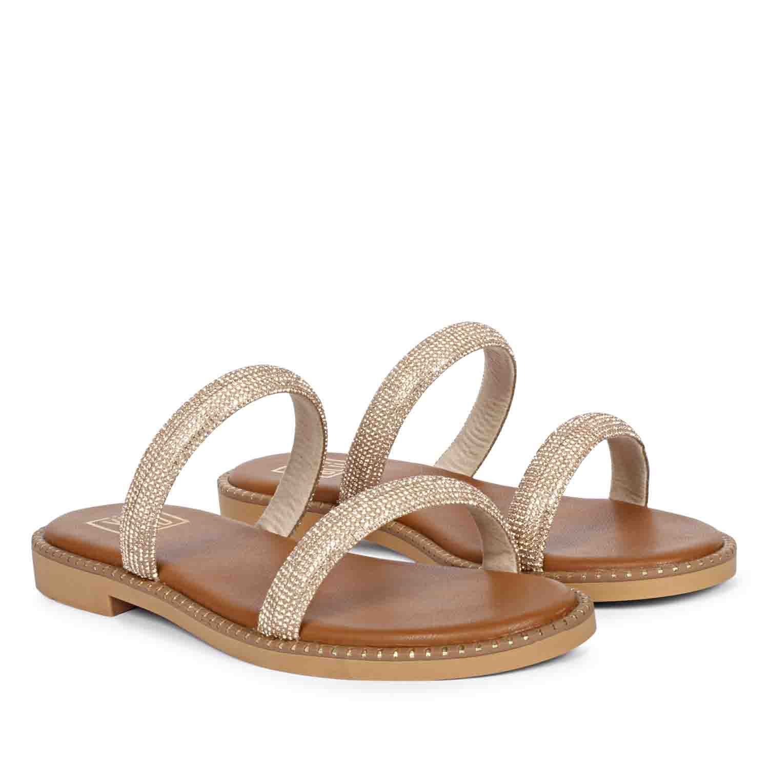 ViviBlu Tan Leather Flat Sandals Embellished With Champange Straps - Image 2