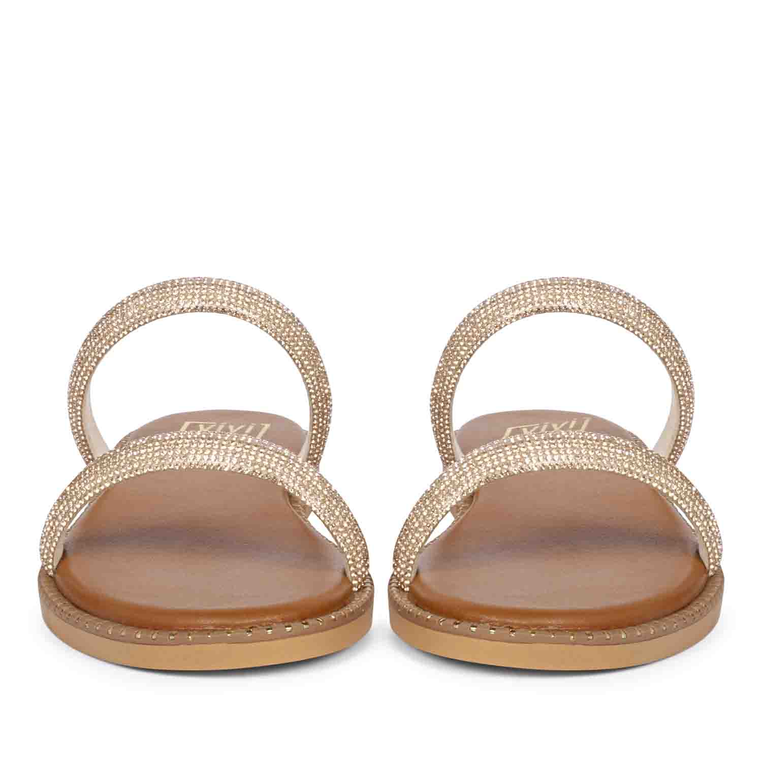 ViviBlu Tan Leather Flat Sandals Embellished With Champange Straps - Image 3