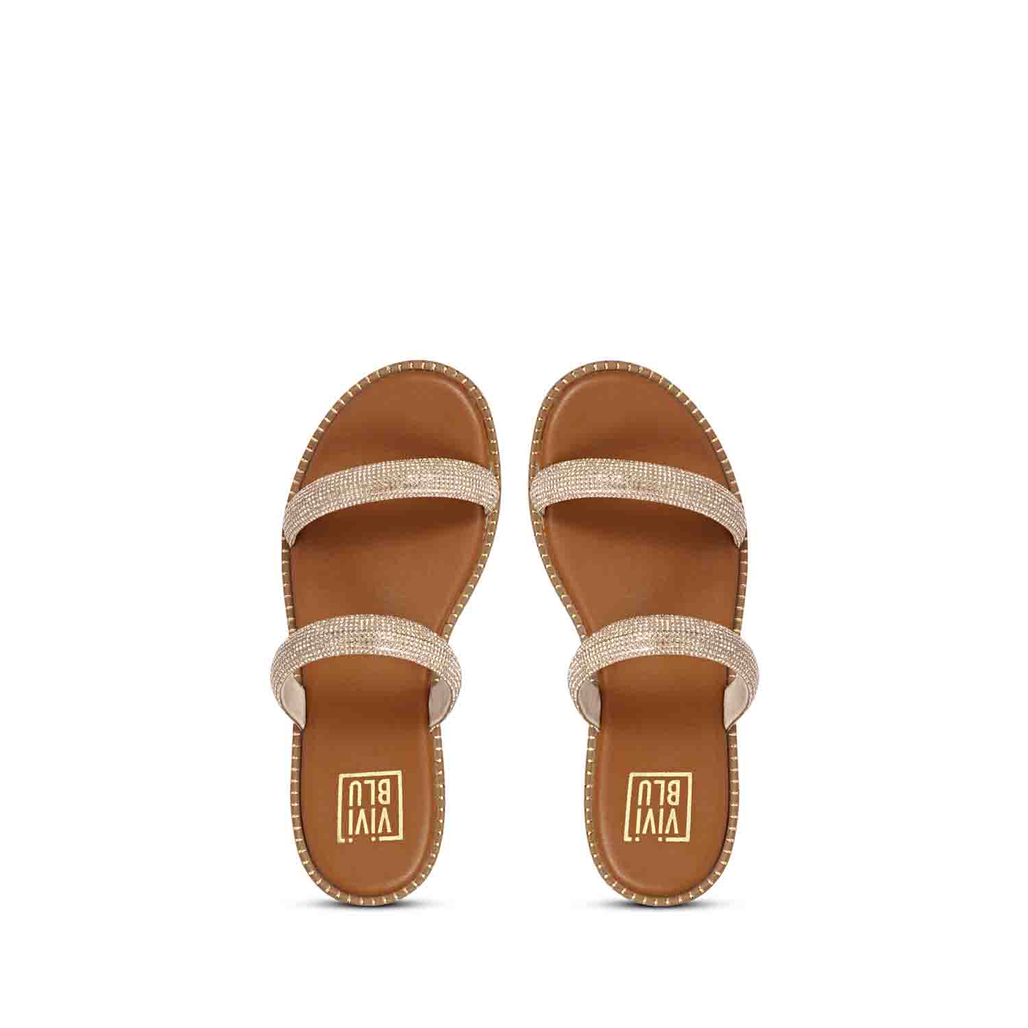 ViviBlu Tan Leather Flat Sandals Embellished With Champange Straps - Image 6
