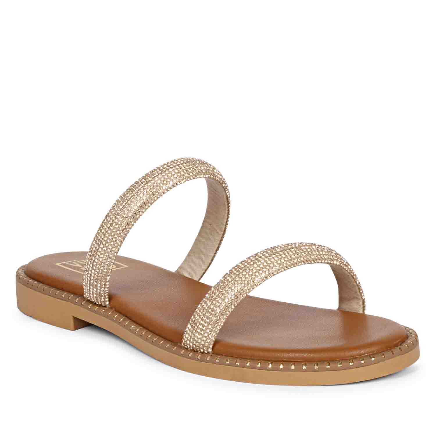 ViviBlu Tan Leather Flat Sandals Embellished With Champange Straps - Image 7