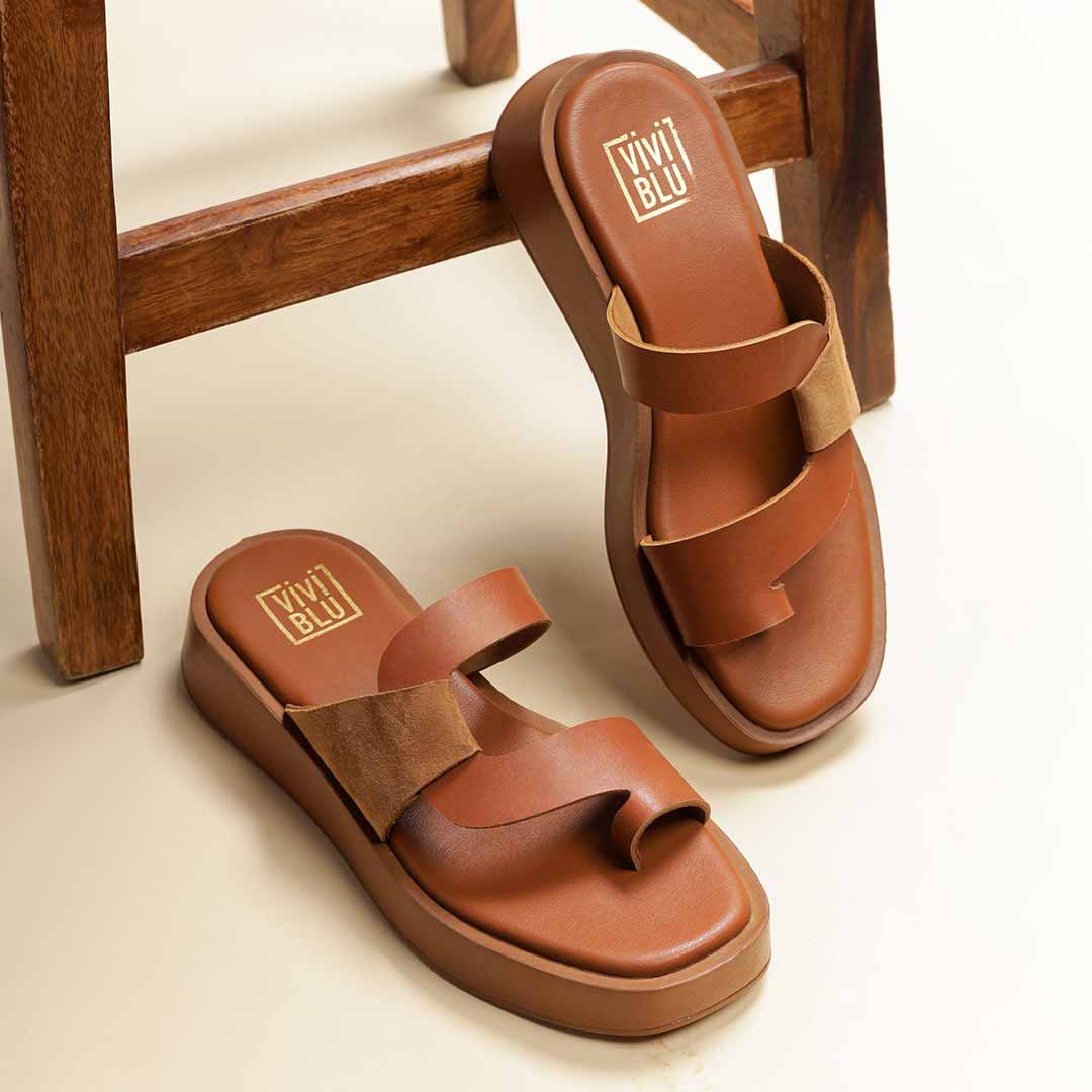 ViviBlu Tan Leather Platform Sandals - Image 2