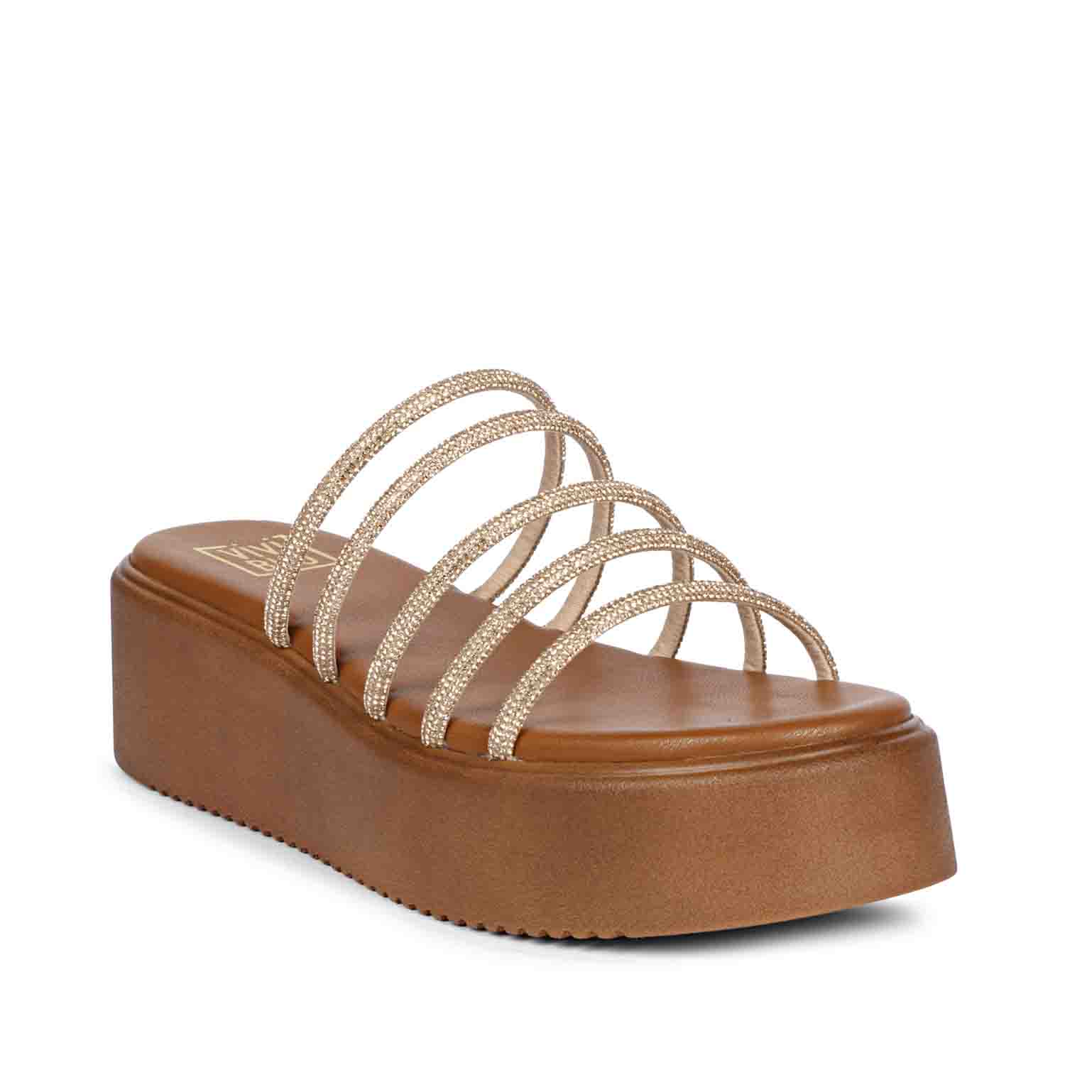 ViviBlu Tan Leather Platform Sandals Embellished With Gold Straps - Image 9